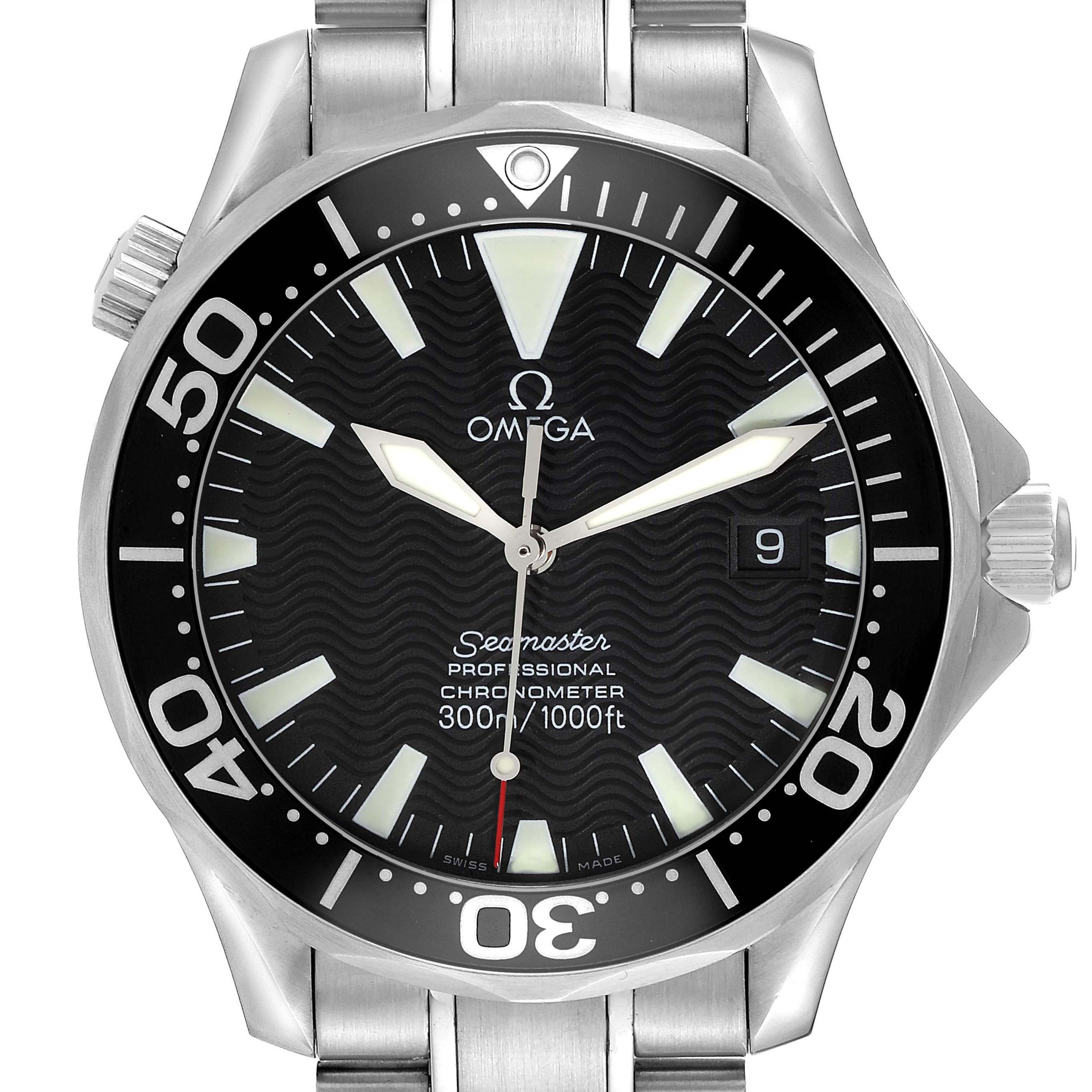 The Omega Seamaster 2254.50.00 Men
s Stainless Steel Black Dial watch is shown from a front angle, highlighting the dial and bezel.