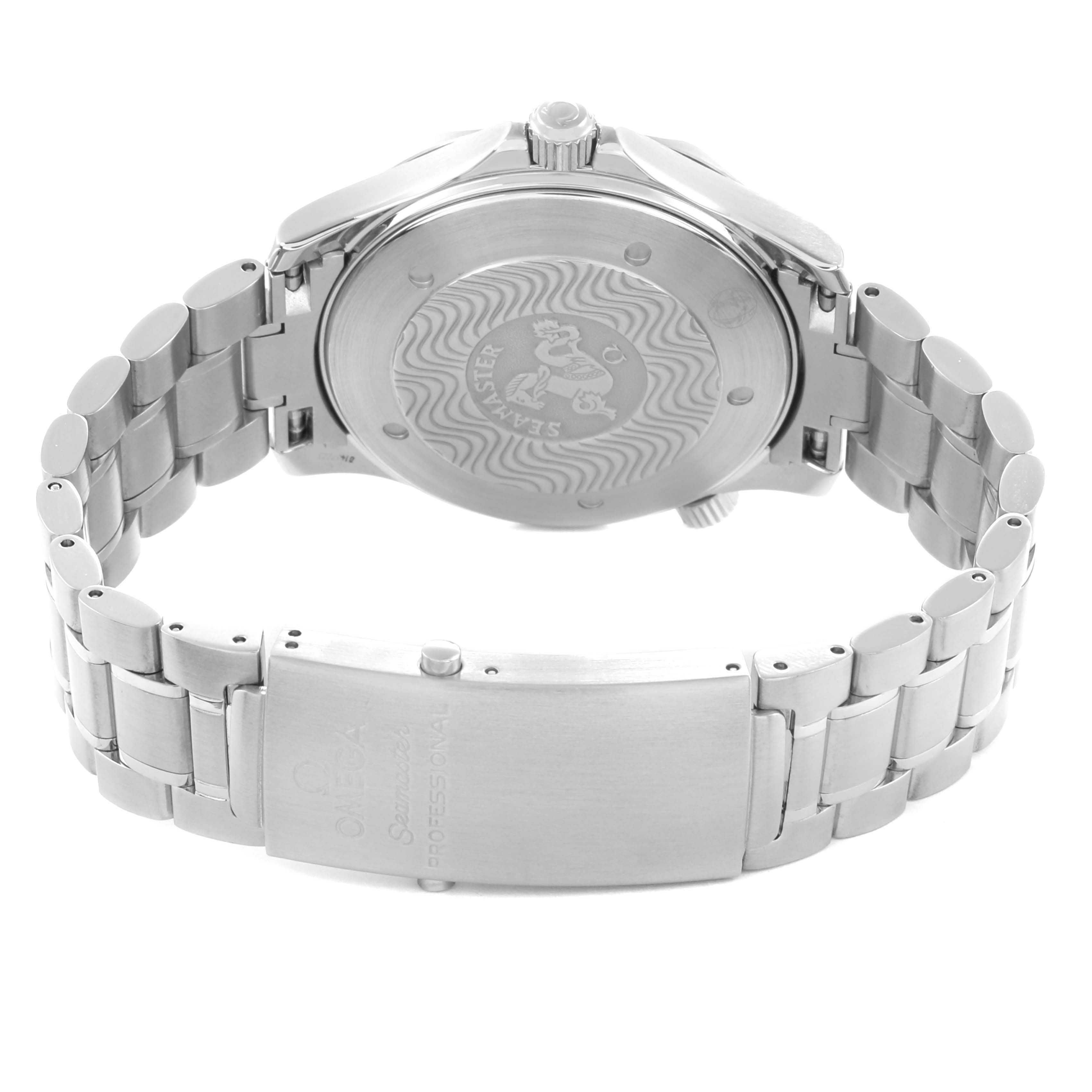 The image shows the back view of the Omega Seamaster 2254.50.00 Men
s Stainless Steel Black Dial model, displaying the case back and stainless steel bracelet with a clasp.