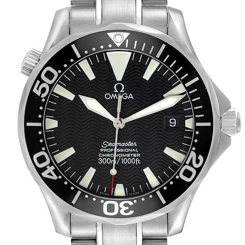 The Omega Seamaster model 2254.50.00 men's watch is shown from the front, highlighting the black dial, bezel, hands, markers, and partial bracelet.