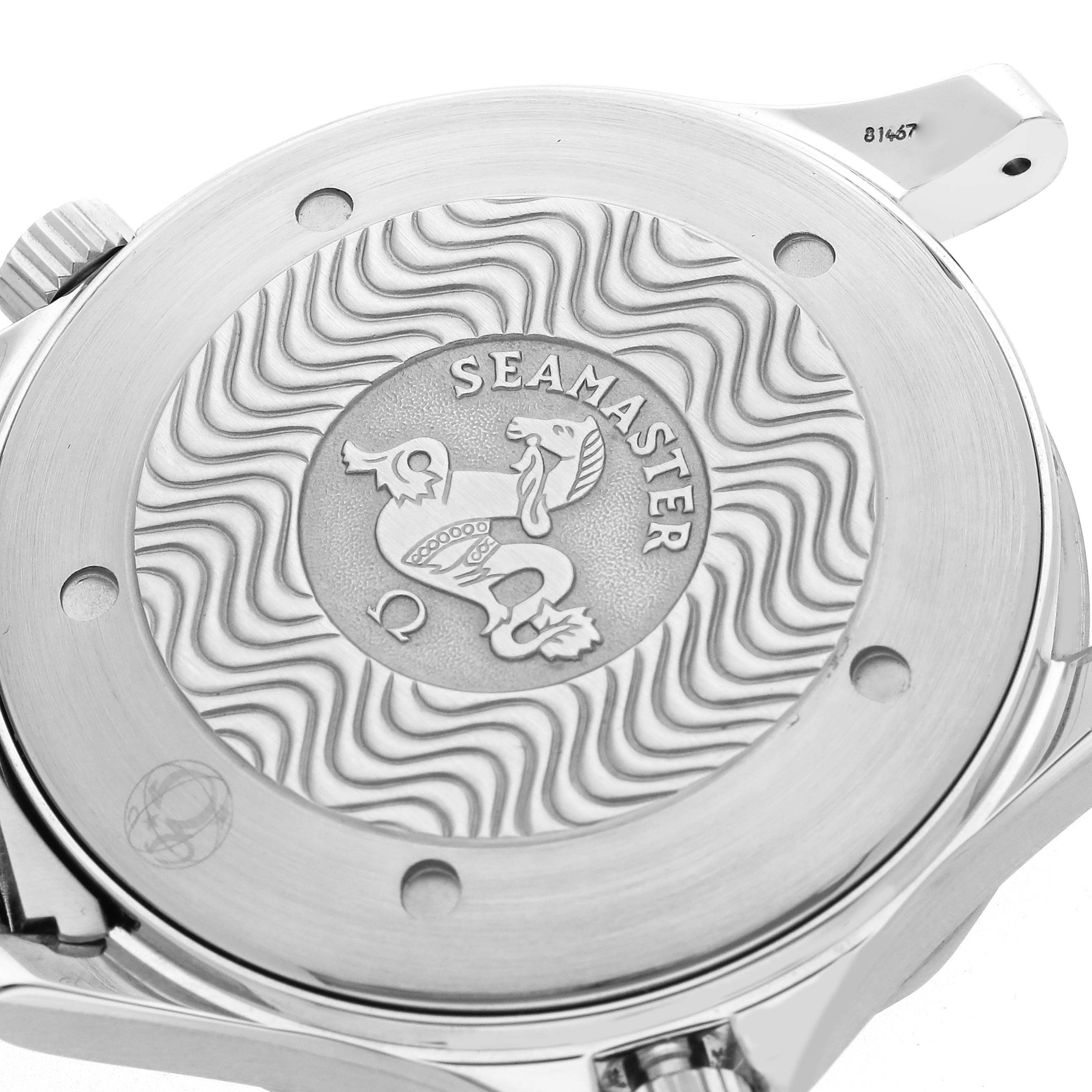 The image shows the back case of an Omega Seamaster 2254.50.00 Men
s Stainless Steel Black Dial watch with its engraved design and logo.