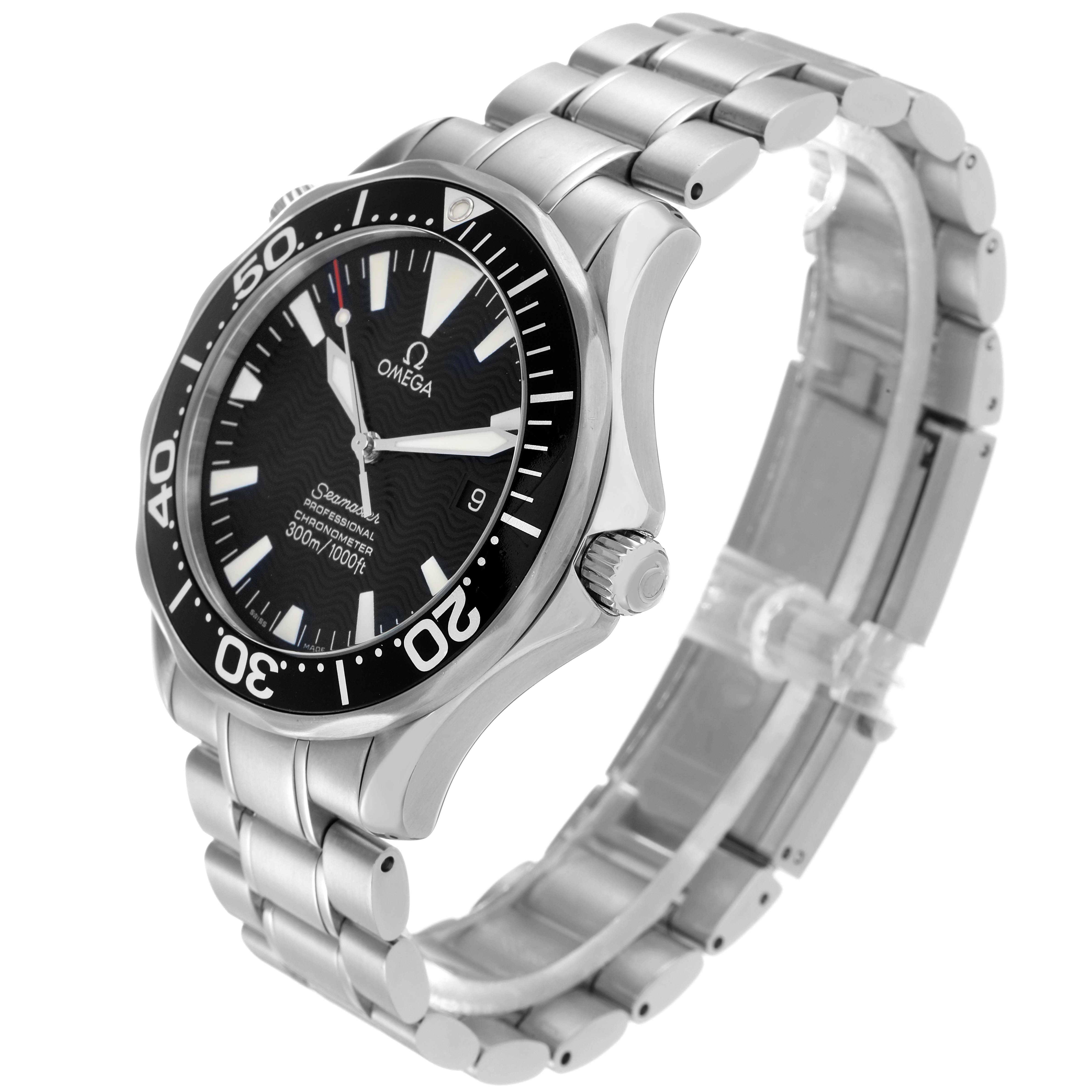 The Omega Seamaster 2254.50.00 Men
s Stainless Steel Black Dial watch is shown at a three-quarter angle, displaying the face, bezel, crown, and metal bracelet.