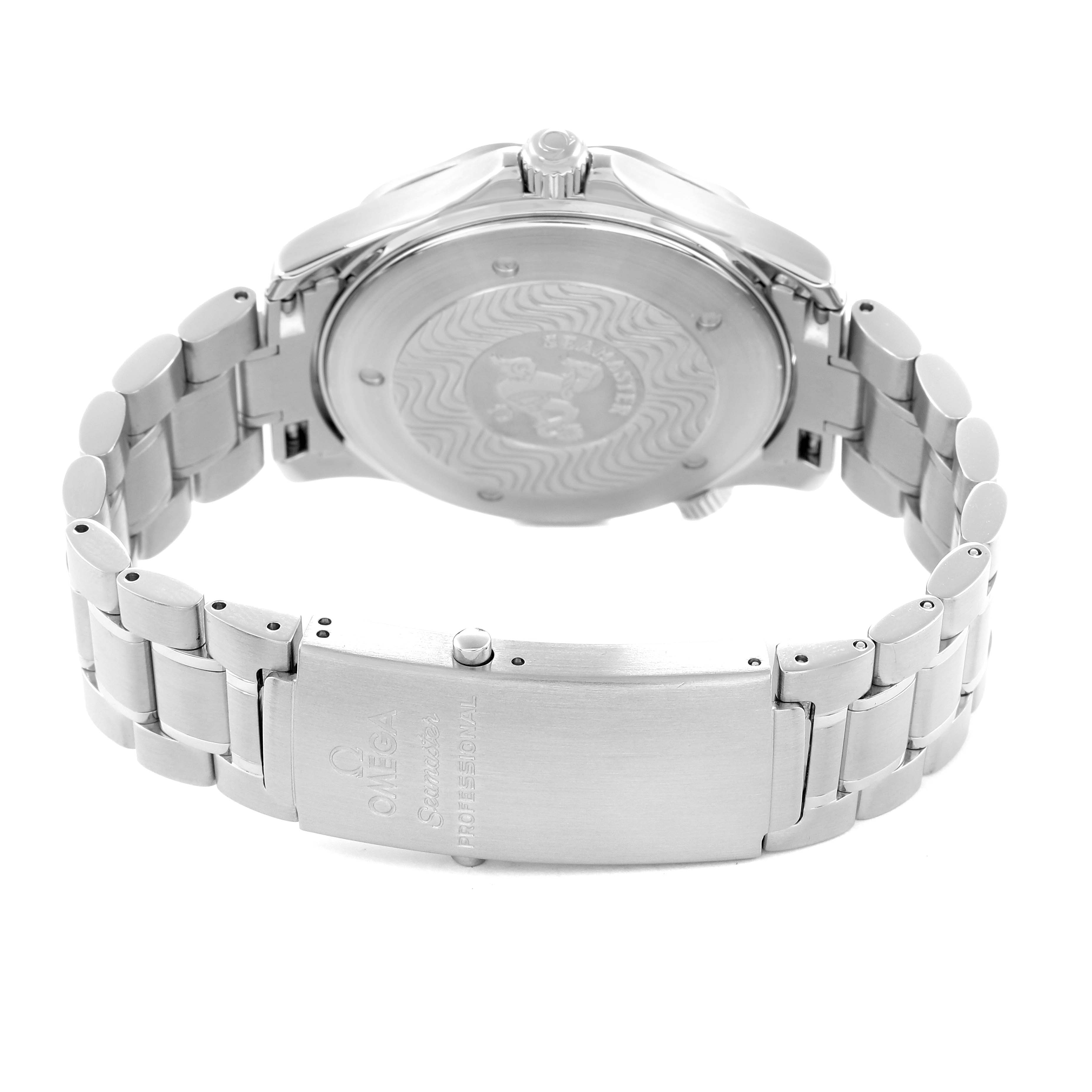 The Omega Seamaster 2254.50.00 Men
s Stainless Steel Black Dial watch is shown from the back, highlighting the case back and metal bracelet clasp.