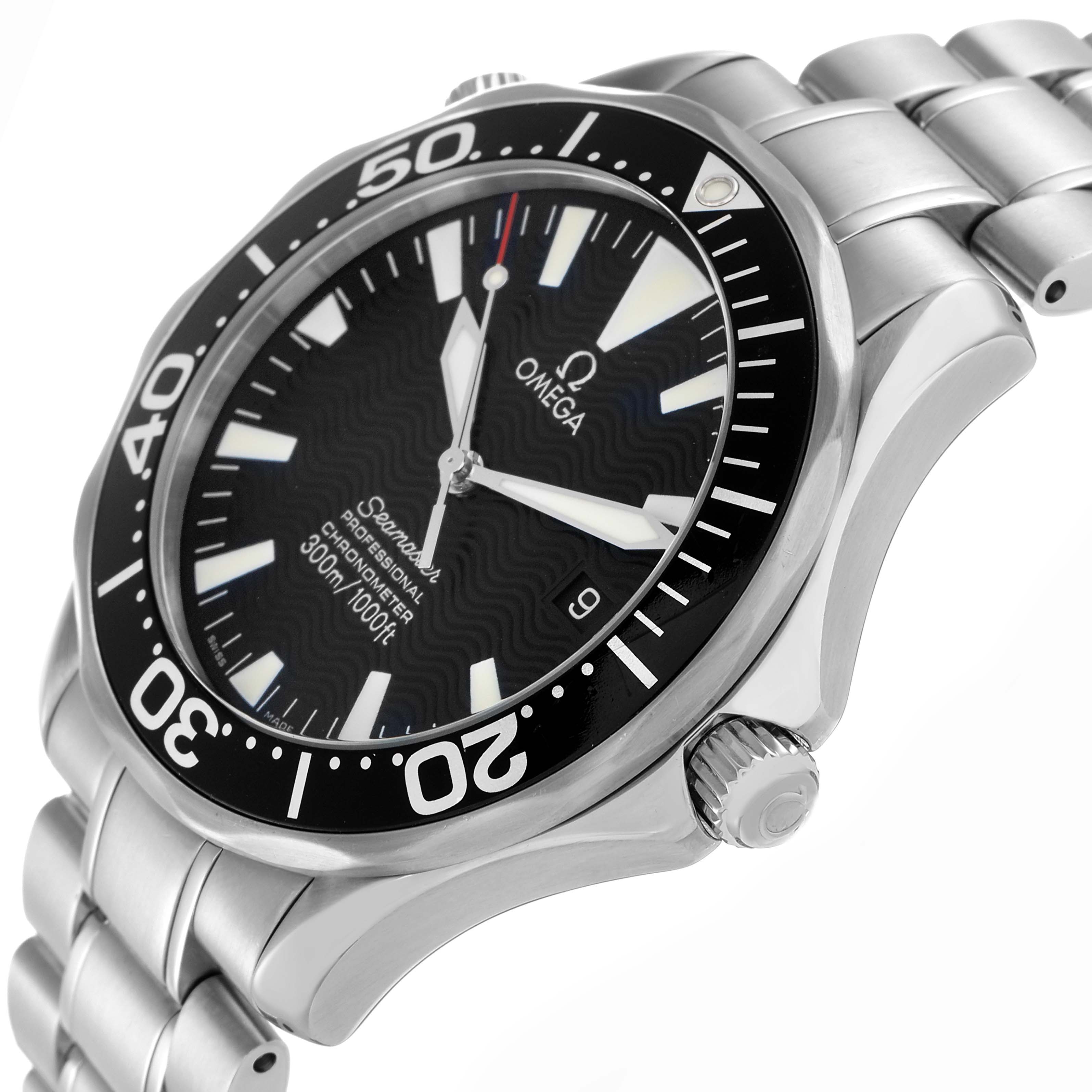 The Omega Seamaster 2254.50.00 Men
s Stainless Steel Black Dial watch is shown from a three-quarter angle, highlighting the bezel, dial, crown, and bracelet.