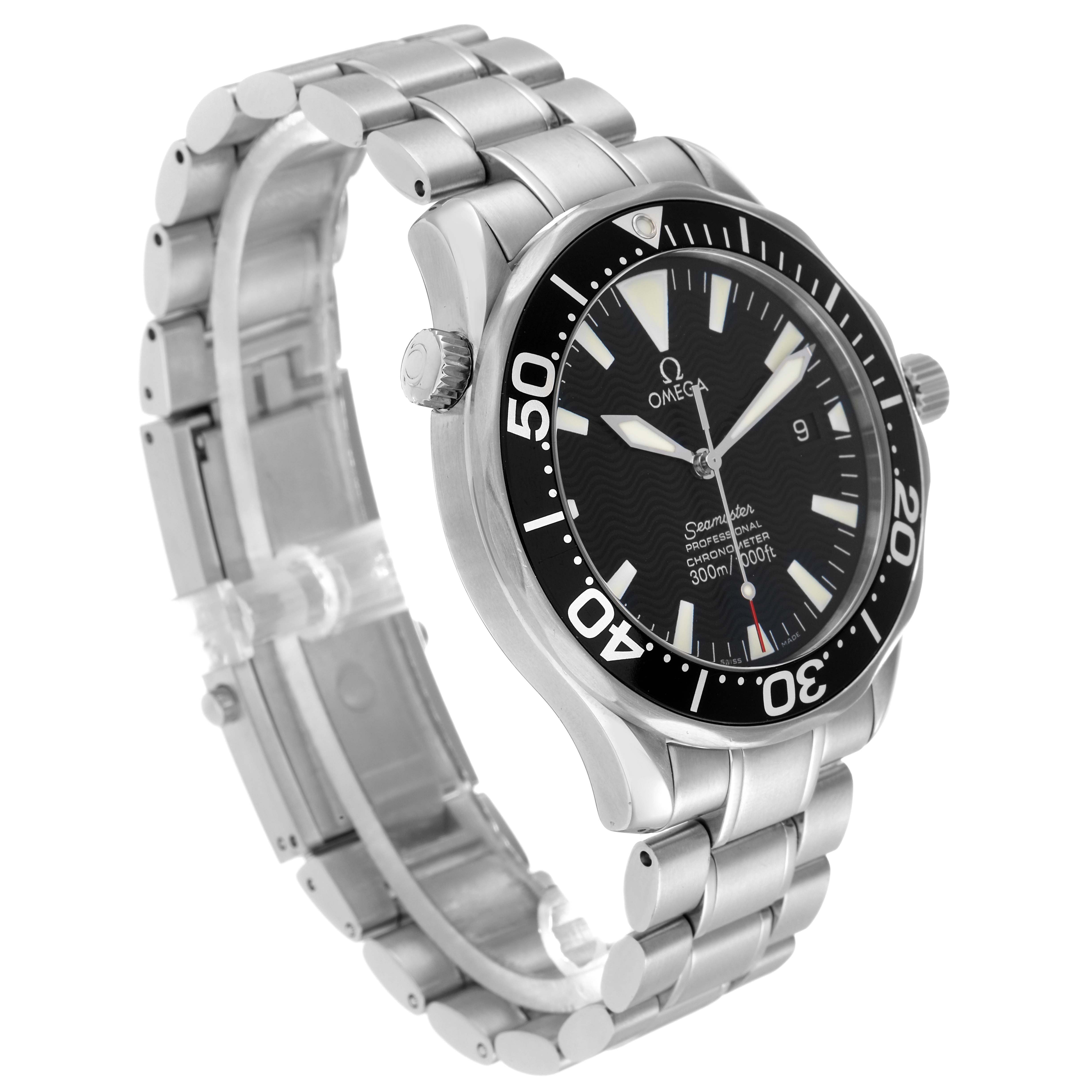 The Omega Seamaster 2254.50.00 Men
s Stainless Steel Black Dial watch is shown at an angled side view, displaying its dial, bezel, bracelet, and crown.