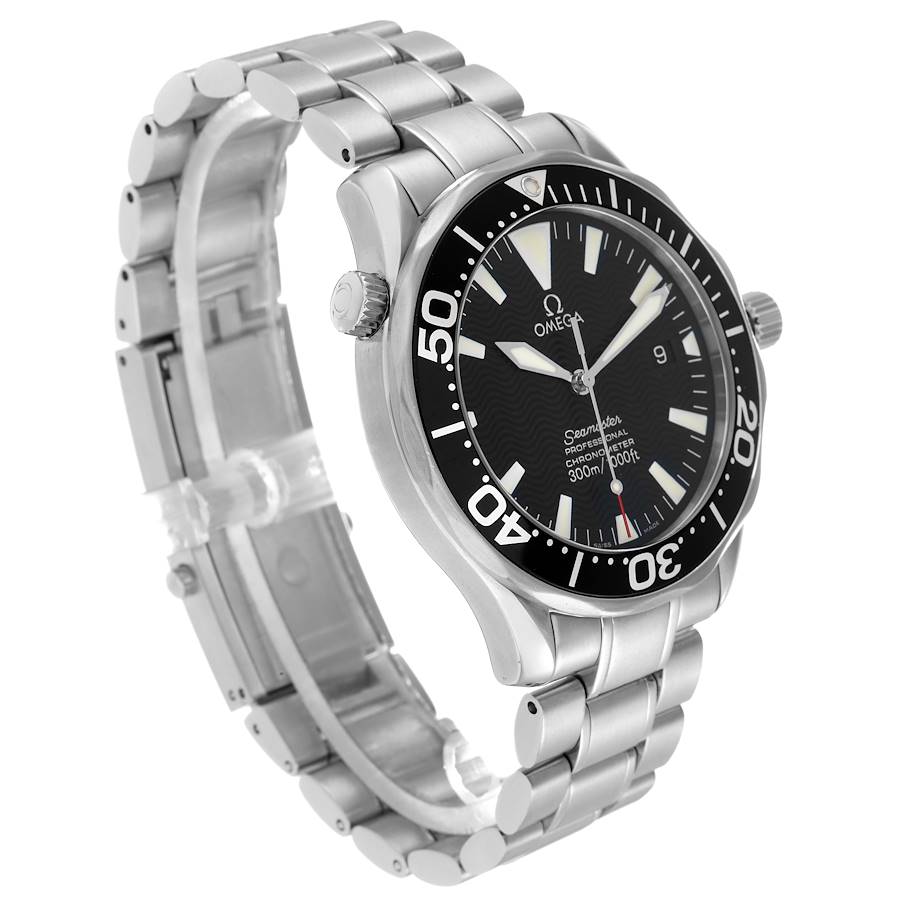 The image shows a side-angle view of the Omega Seamaster 2254.50.00 men's watch, highlighting its stainless steel bracelet, black bezel, and dial.