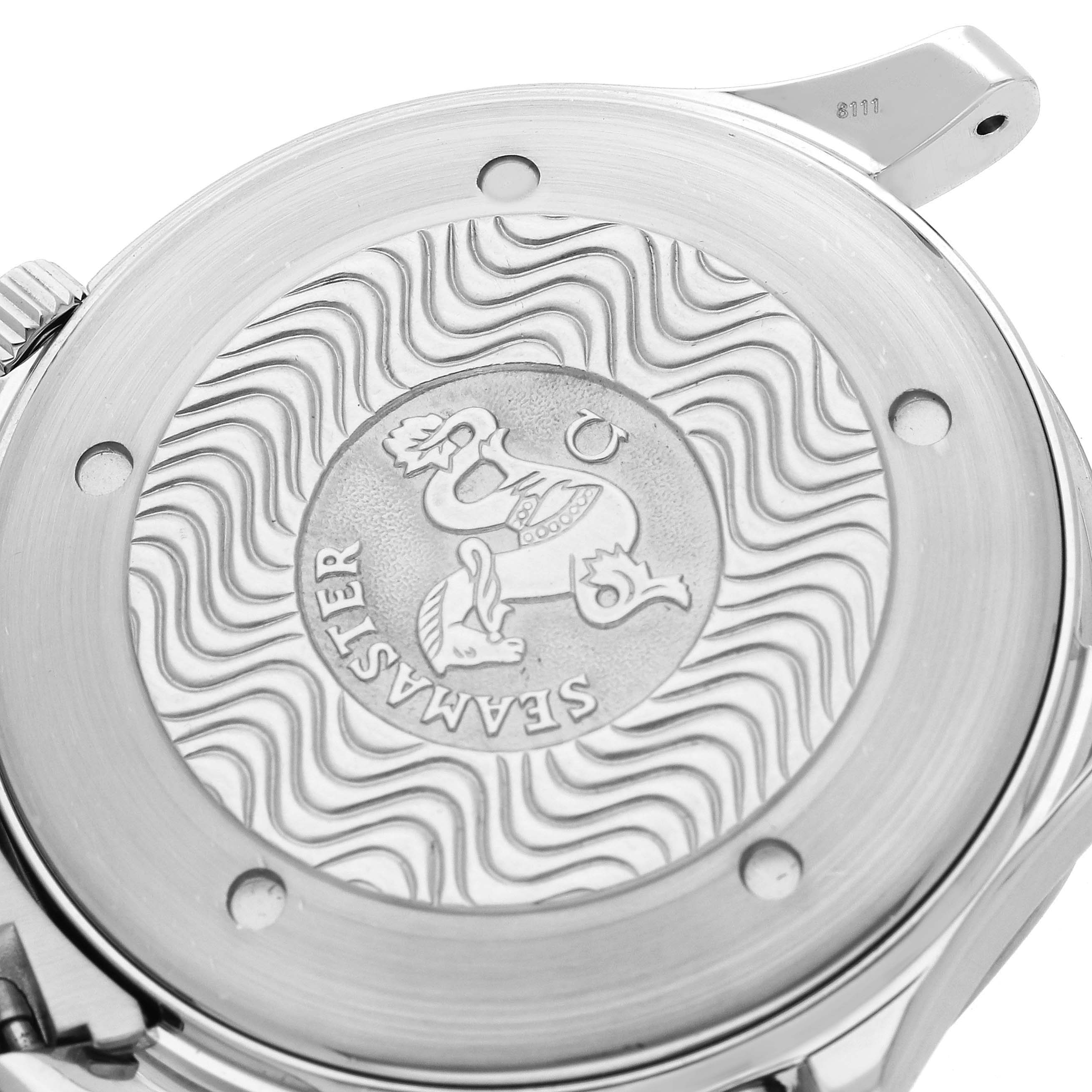 The image shows the case back of an Omega Seamaster 2254.50.00 Men
s Stainless Steel Black Dial watch, highlighting the engraved logo and textured pattern.