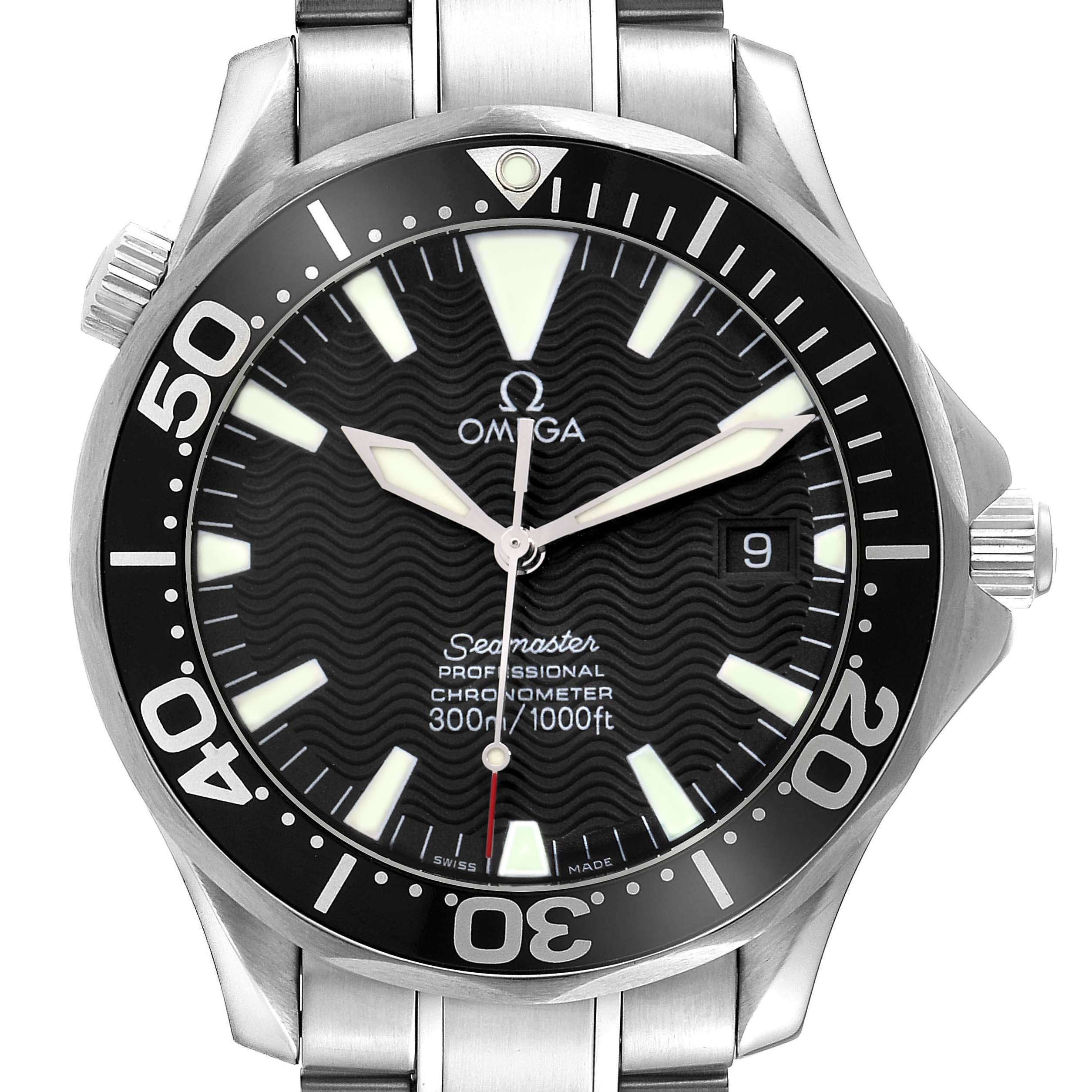 The Omega Seamaster 2254.50.00 Men
s Stainless Steel Black Dial watch is shown from a frontal angle, highlighting the dial, bezel, and part of the bracelet.