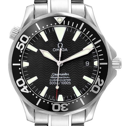 The image shows a front view of the Omega Seamaster model 2254.50.00, highlighting its black wave-patterned dial, rotating bezel, luminous markers, and stainless steel bracelet.