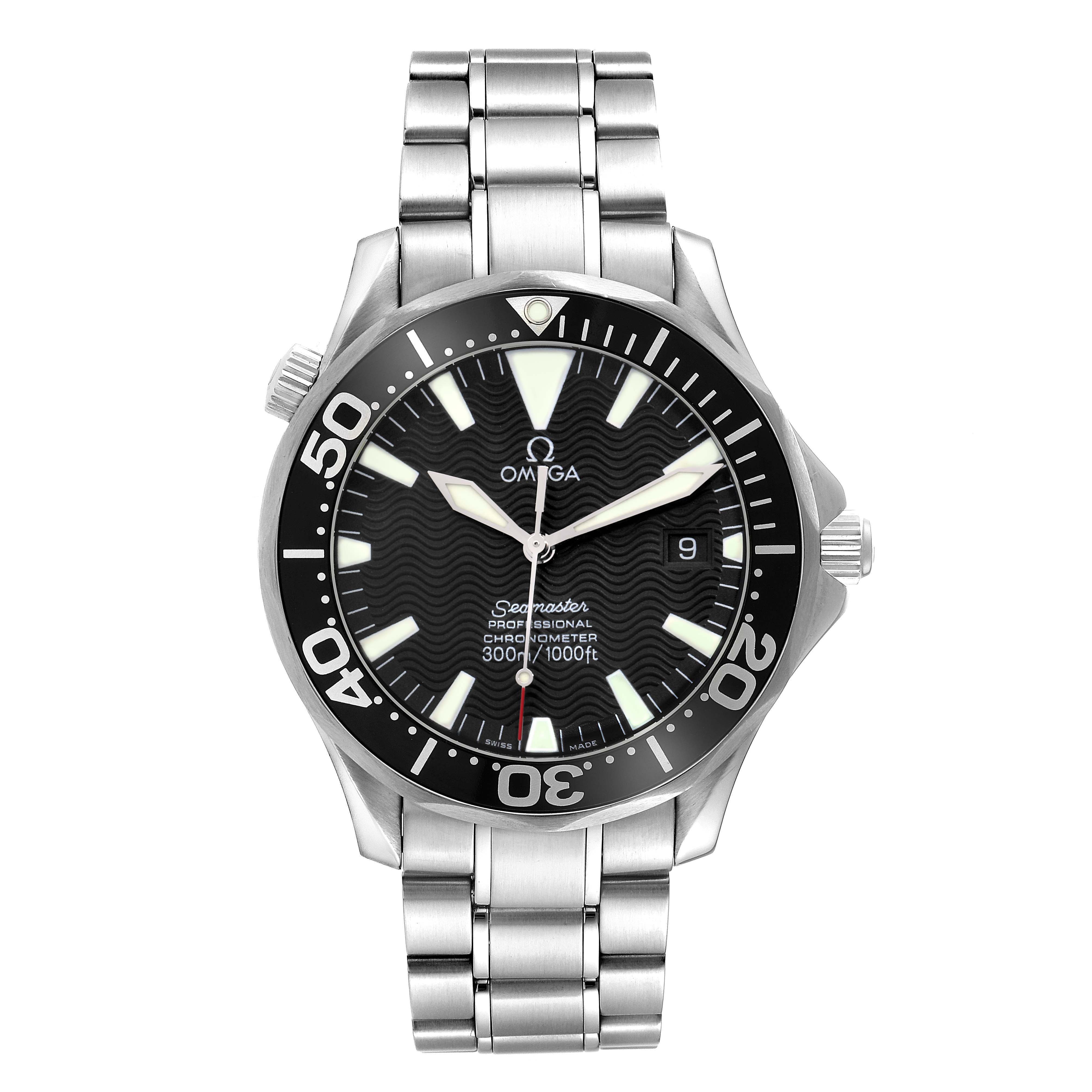 The Omega Seamaster 2254.50.00 Men
s Stainless Steel Black Dial watch is shown from a top view, displaying the dial, bezel, crown, and metal bracelet.