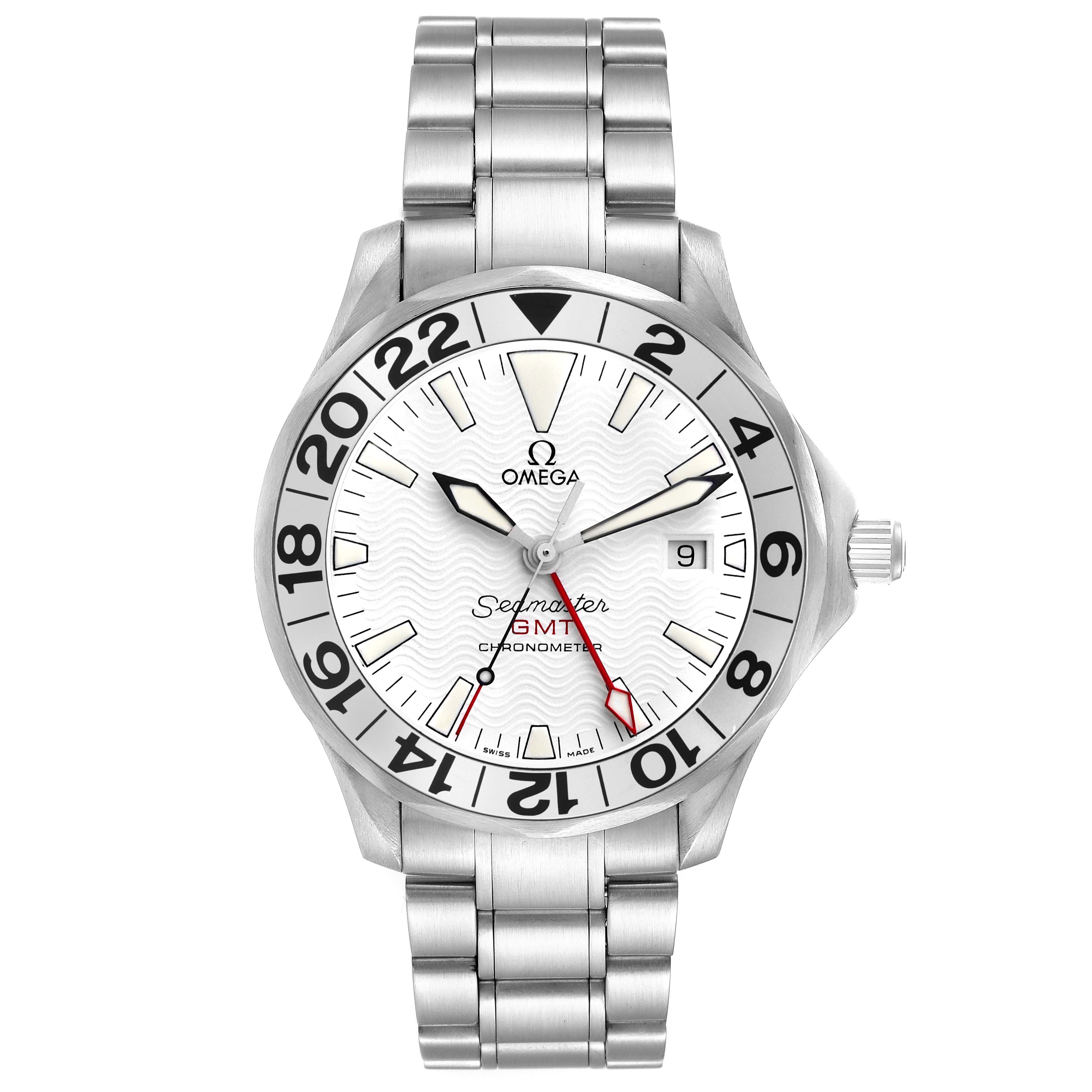 The Omega Seamaster 2538.20.00 Men
s Stainless Steel White Dial GMT is shown from a front angle, highlighting its face, bezel, and bracelet.