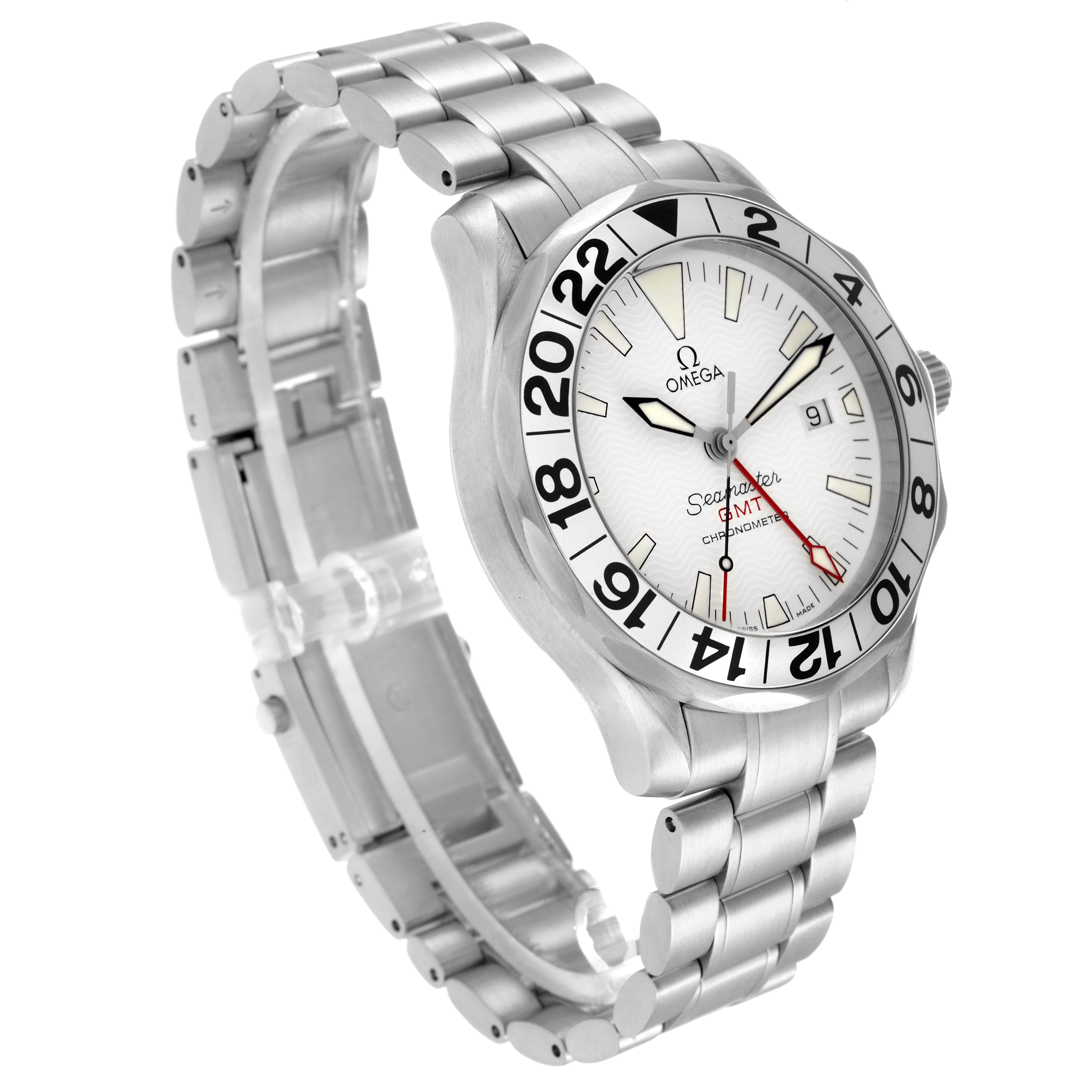 The Omega Seamaster 2538.20.00 Men
s Stainless Steel White Dial watch is shown at a three-quarter angle, highlighting the dial, bezel, case, and metal bracelet.