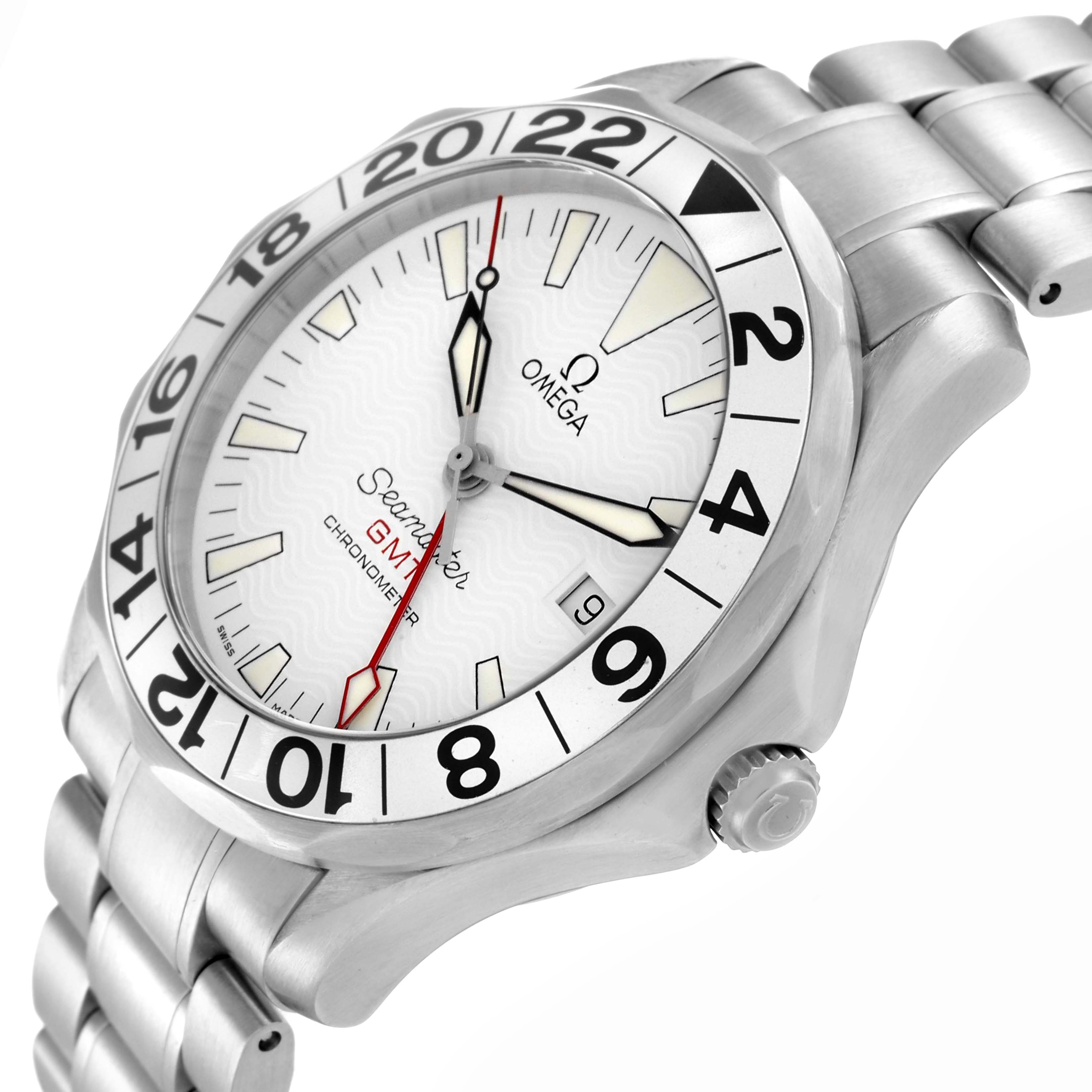 The Omega Seamaster 2538.20.00 Men
s Stainless Steel White Dial watch is shown at an angled view, highlighting the dial, bezel, crown, and part of the bracelet.