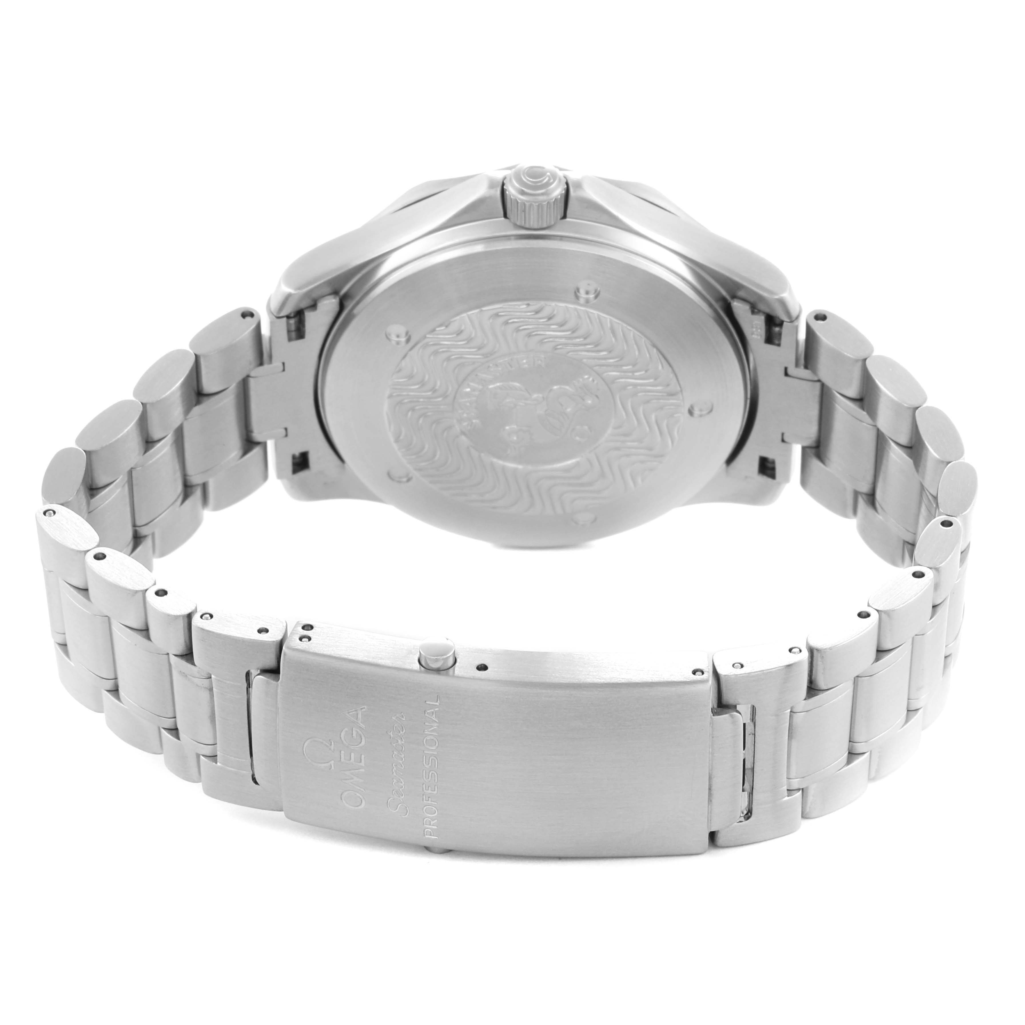 The Omega Seamaster 2538.20.00 Men
s Stainless Steel White Dial watch is shown from the back angle, highlighting the case back, crown, and stainless steel bracelet.