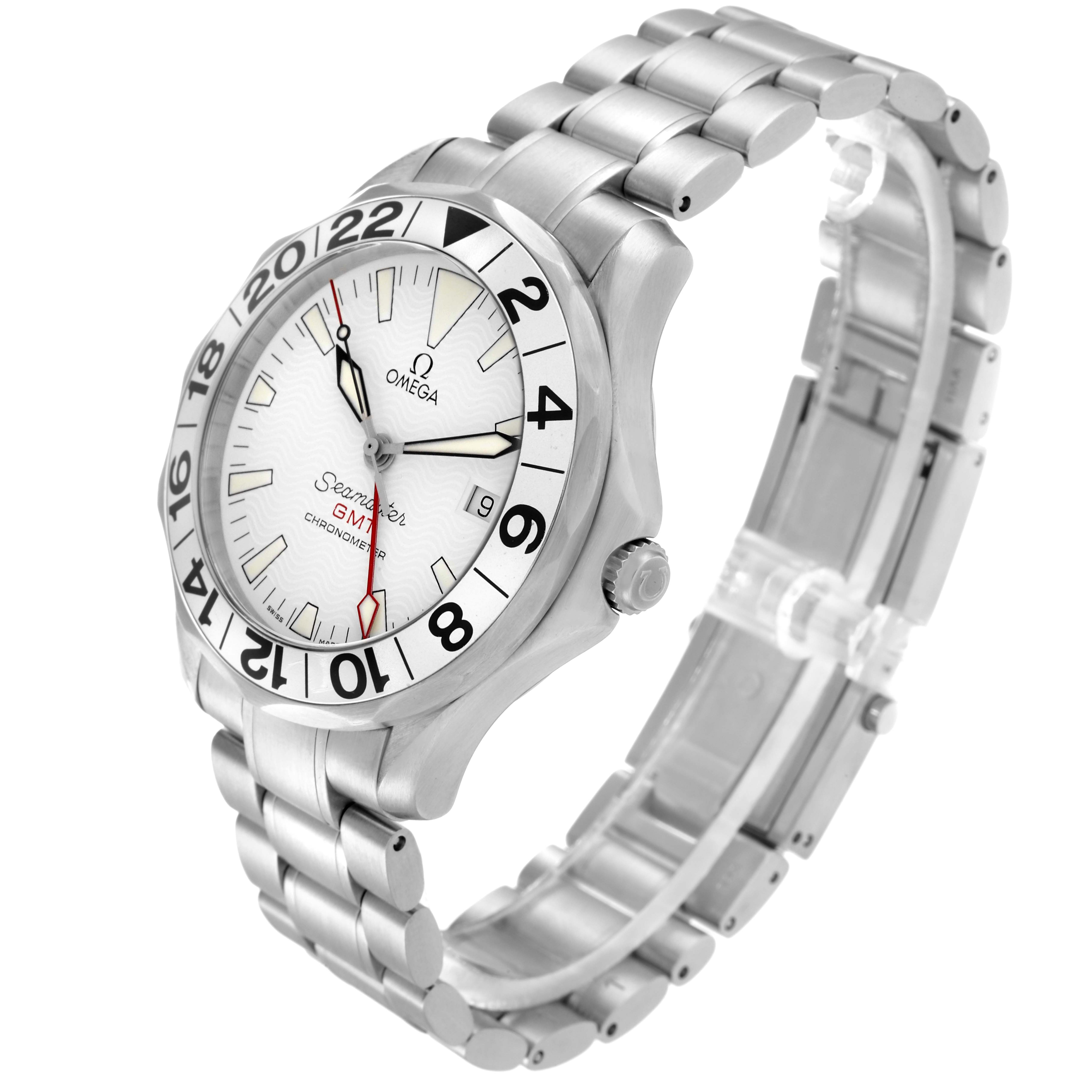 The Omega Seamaster 2538.20.00 Men
s Stainless Steel White Dial watch is shown at a slight angle displaying the dial, bezel, crown, and bracelet.