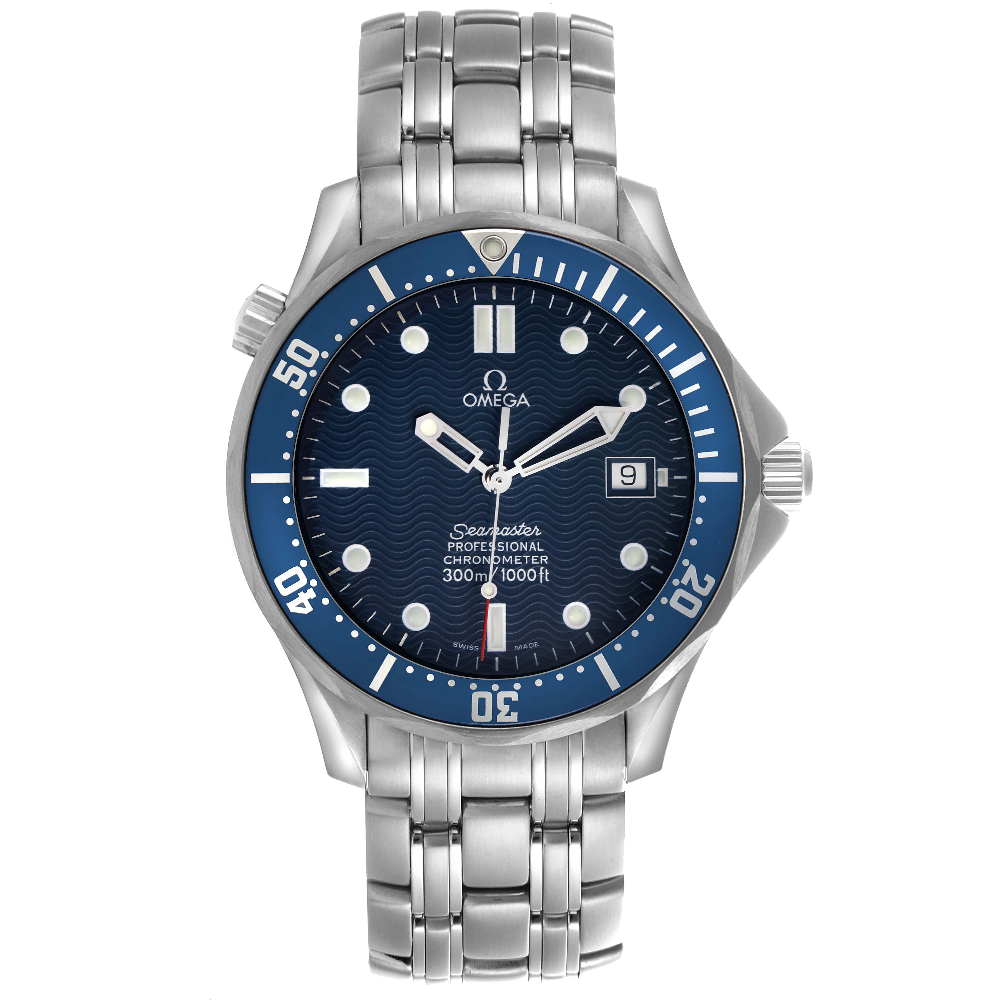 The Omega Seamaster 2531.80.00 Men
s Stainless Steel Blue Dial watch is shown from a front angle displaying the face, bezel, and bracelet.