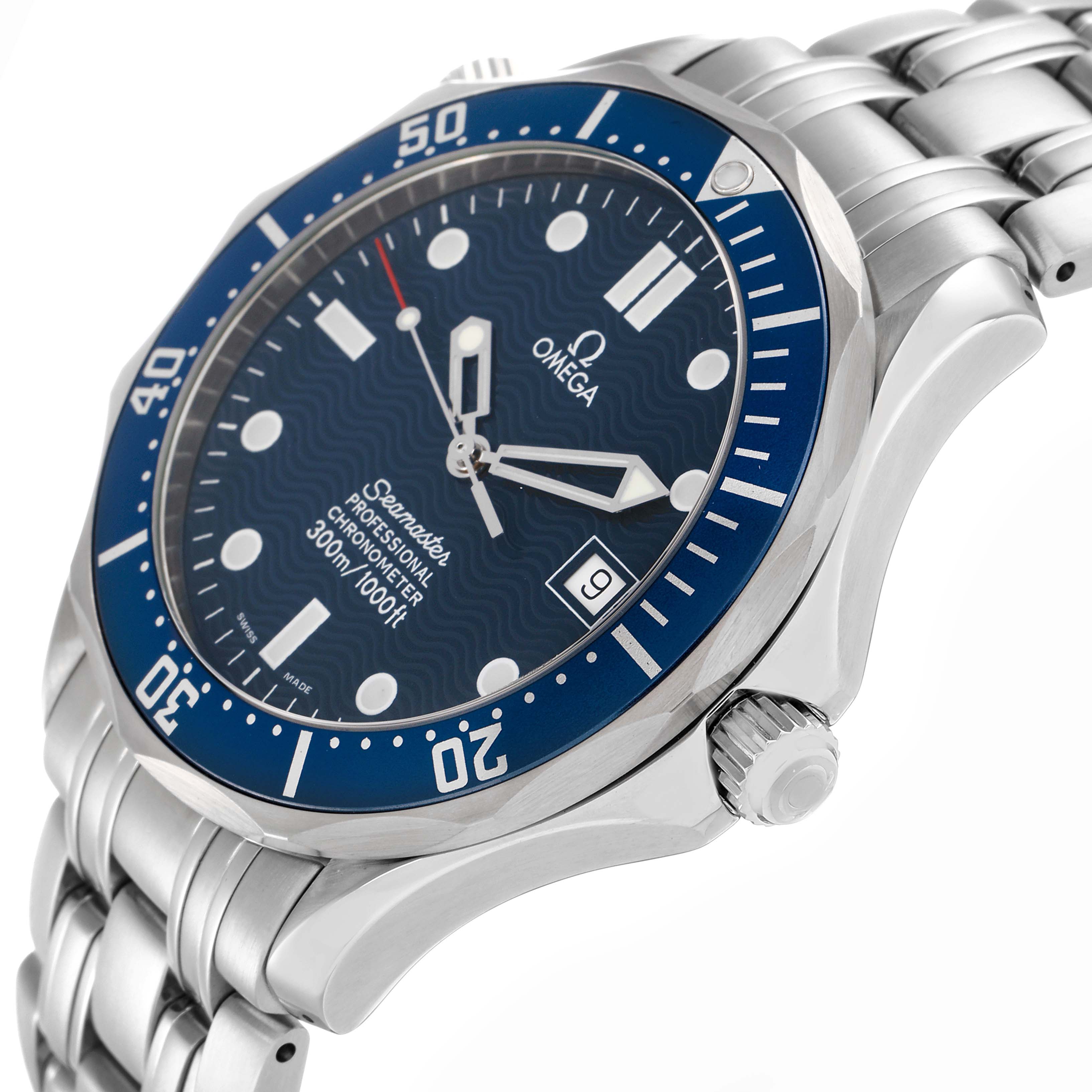 The Omega Seamaster 2531.80.00 Men
s Stainless Steel Blue Dial watch is shown at an angled view, highlighting the dial, crown, bezel, and bracelet.