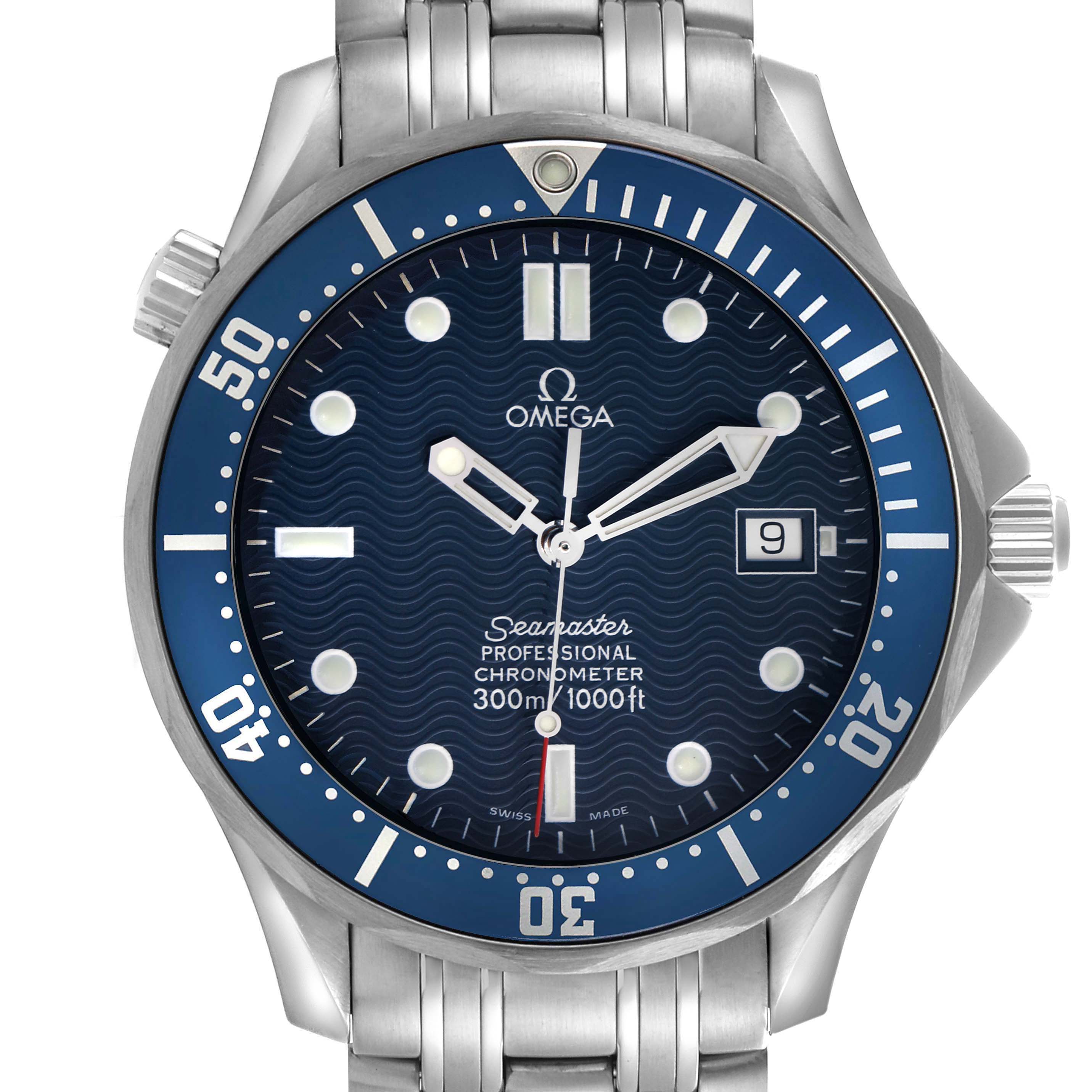 The Omega Seamaster 2531.80.00 Men
s Stainless Steel Blue Dial watch is shown from the front, highlighting the dial, bezel, bracelet, and crown.