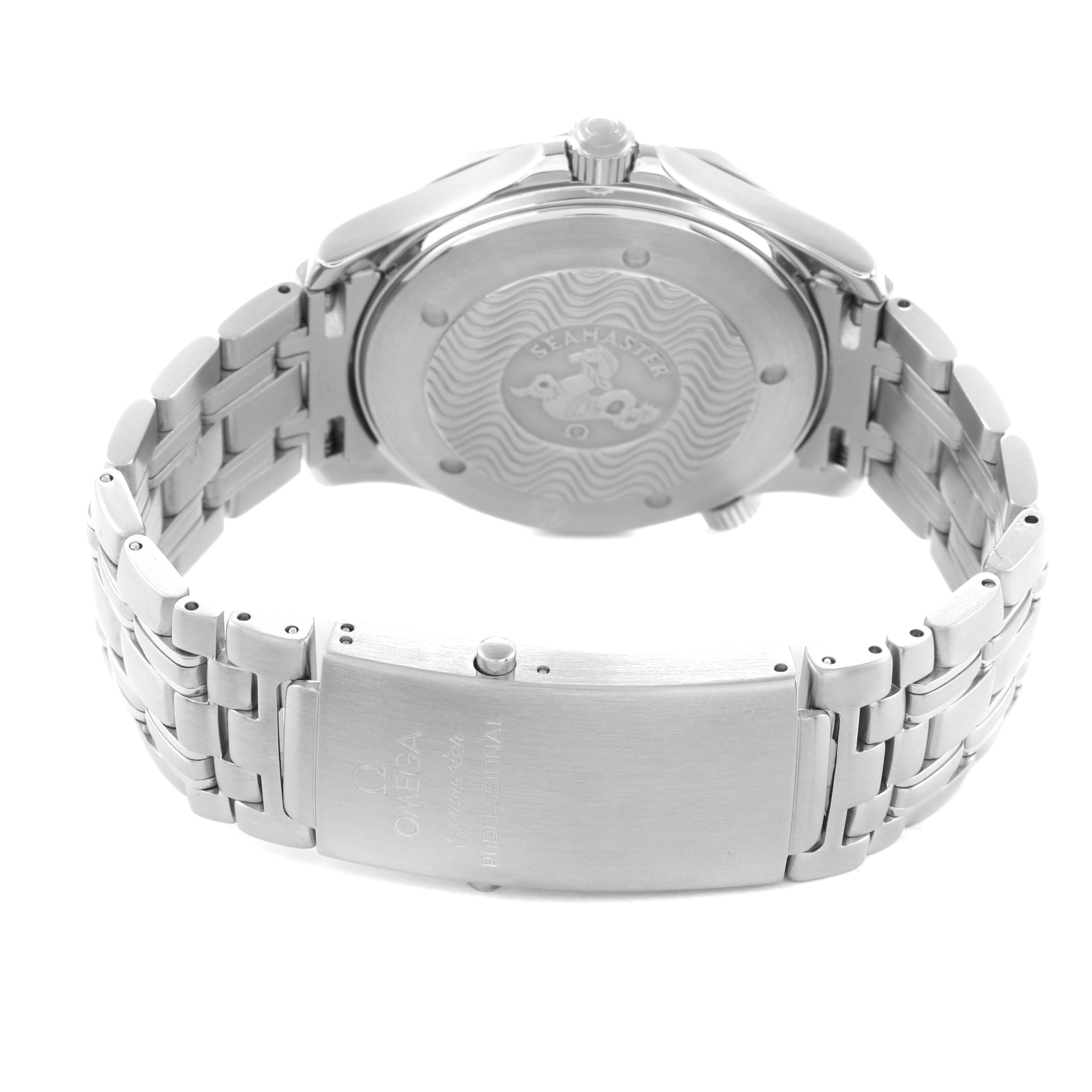 The Omega Seamaster 2531.80.00 Men
s Stainless Steel Blue Dial watch is shown from the back, featuring the case back and metal bracelet with the clasp visible.