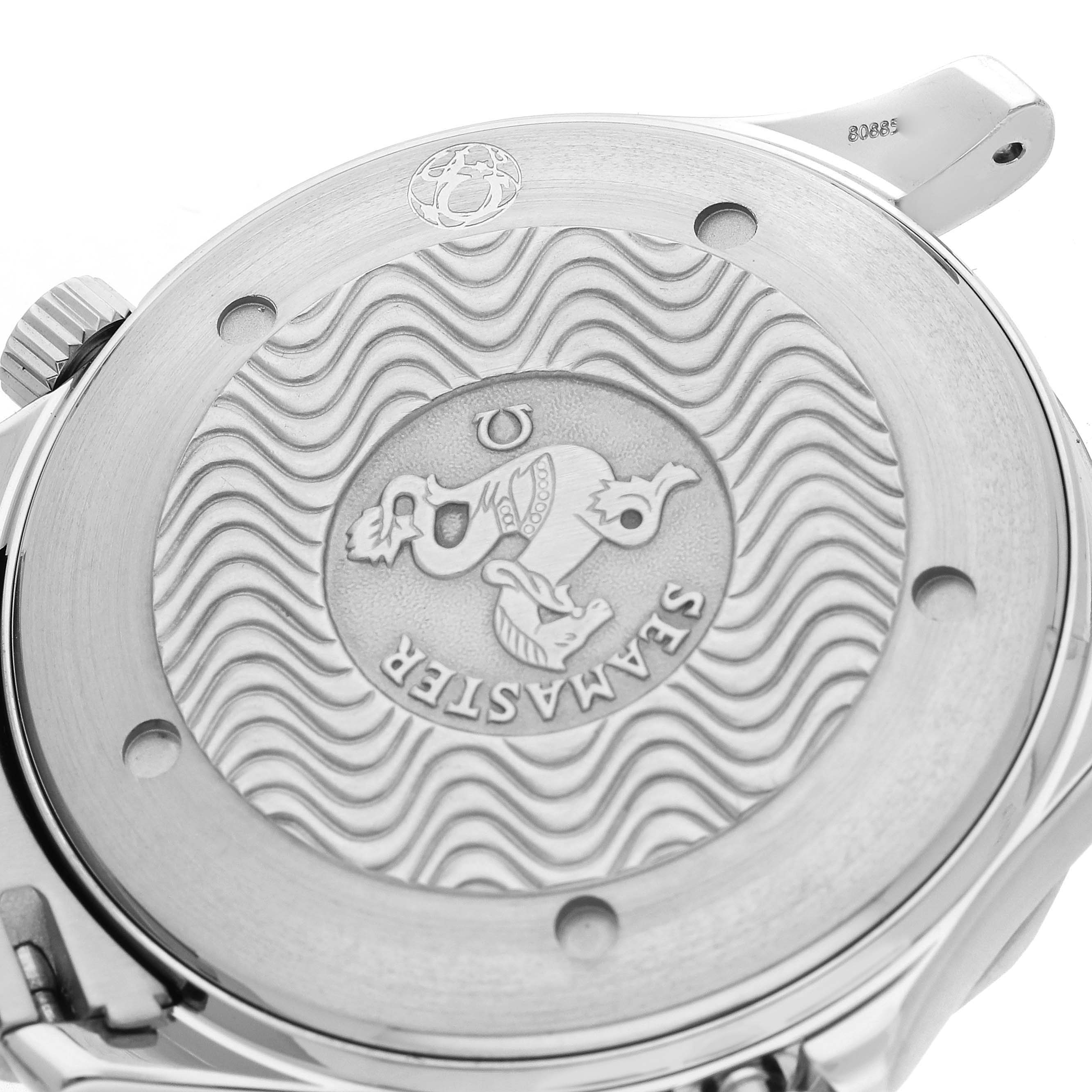 The image shows the back case of the Omega Seamaster 2531.80.00 Men
s Stainless Steel Blue Dial watch with its engraved design and branding detail.