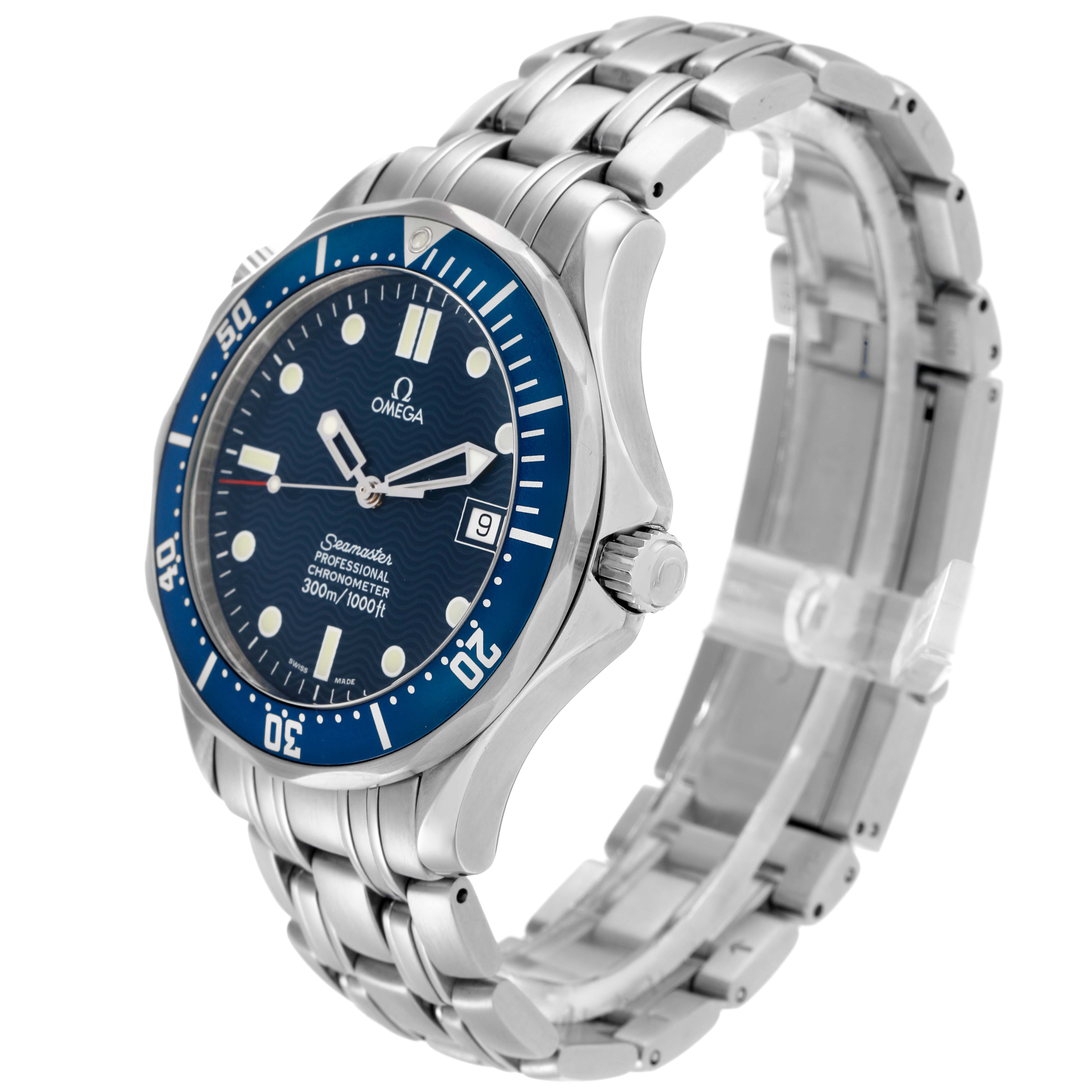 The Omega Seamaster 2531.80.00 Men
s Stainless Steel Blue Dial watch is shown from an angled side view, displaying the face, bezel, crown, and stainless steel bracelet.