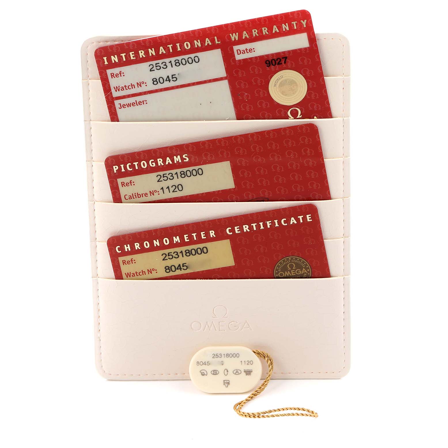 The image shows Omega Seamaster 2531.80.00 Men
s Stainless Steel Blue Dial watch accessories, including warranty, pictograms, chronometer cards, and a tag.