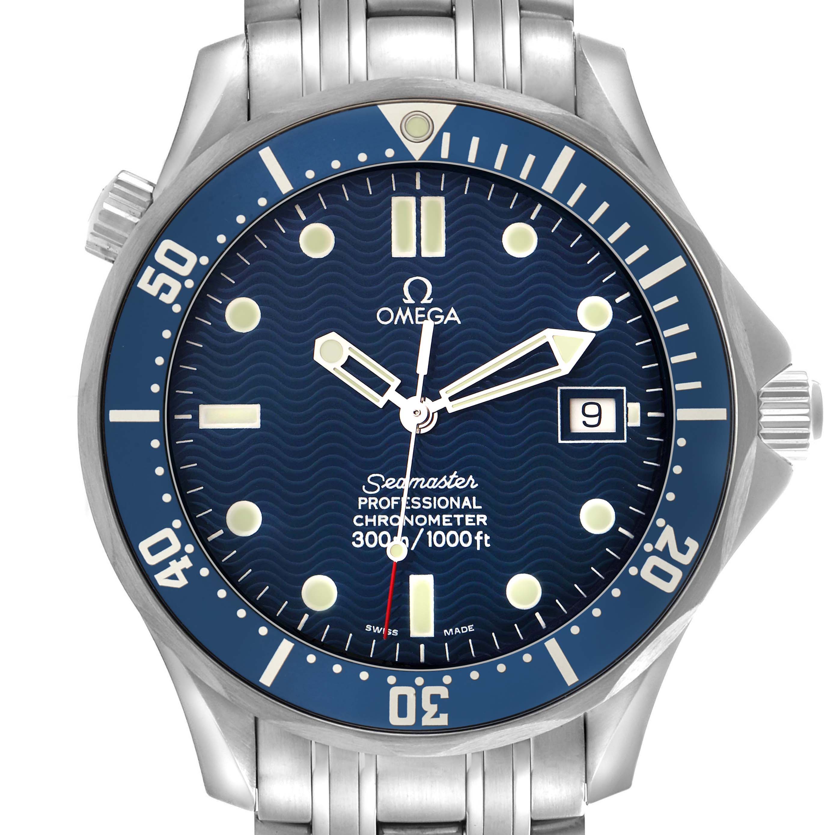 The Omega Seamaster 2531.80.00 Men
s Stainless Steel Blue Dial watch is shown from a front angle, displaying the dial, bezel, hands, bracelet, and crown.