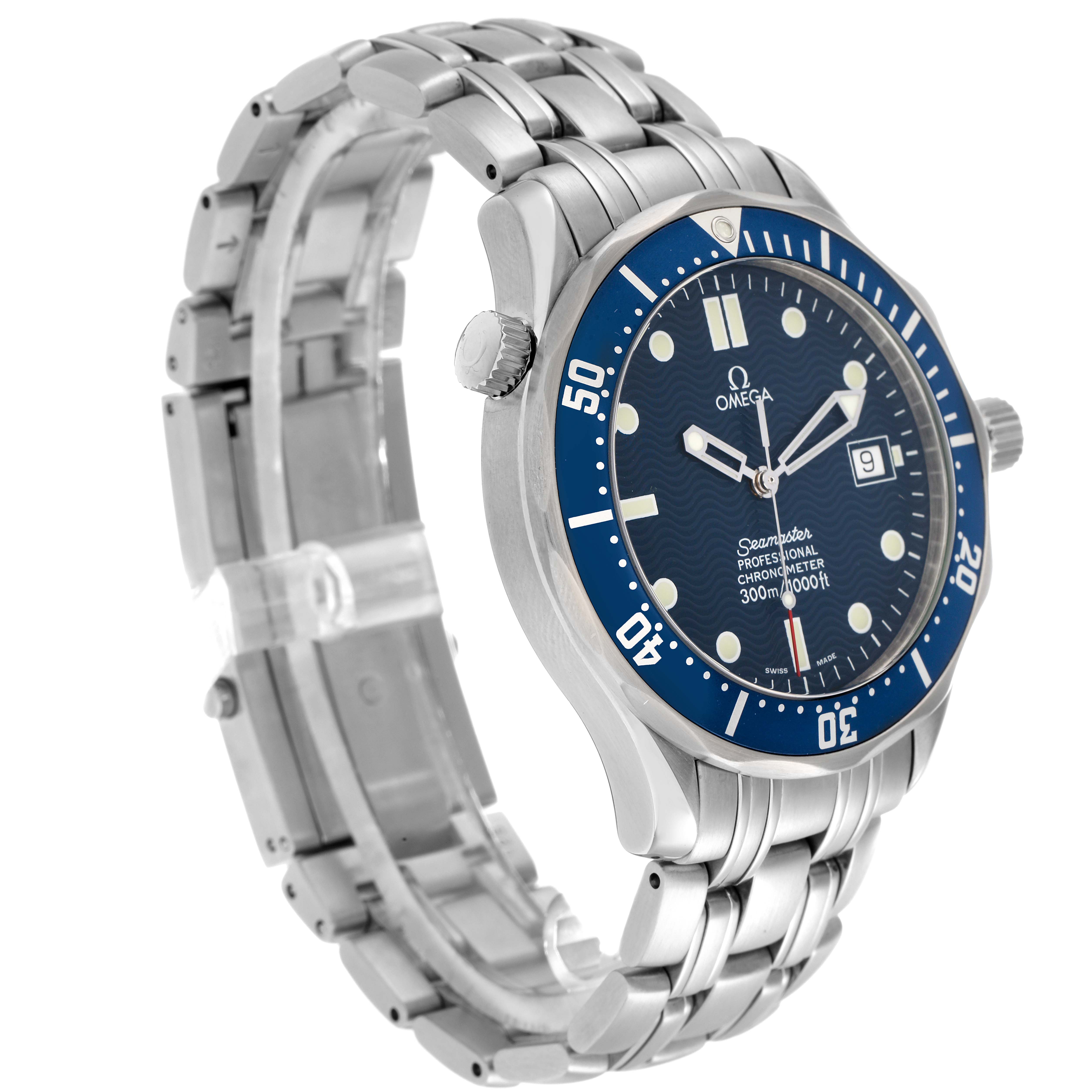 The Omega Seamaster 2531.80.00 Men
s Stainless Steel Blue Dial is shown at a three-quarter angle, displaying the face, bezel, crown, and part of the stainless steel bracelet.