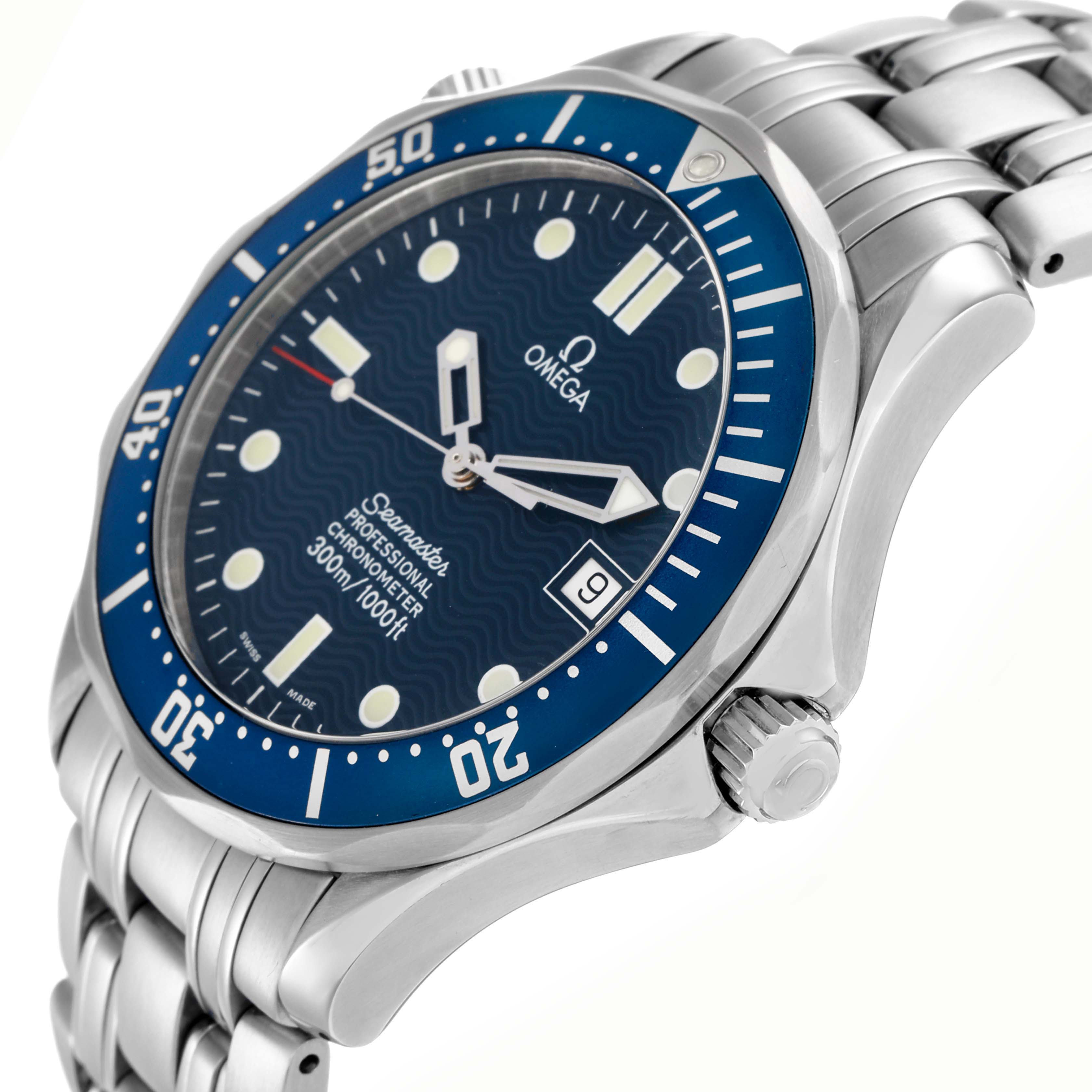 The Omega Seamaster 2531.80.00 Men
s Stainless Steel Blue Dial watch is shown from a front angled view, highlighting the dial, bezel, crown, and bracelet.