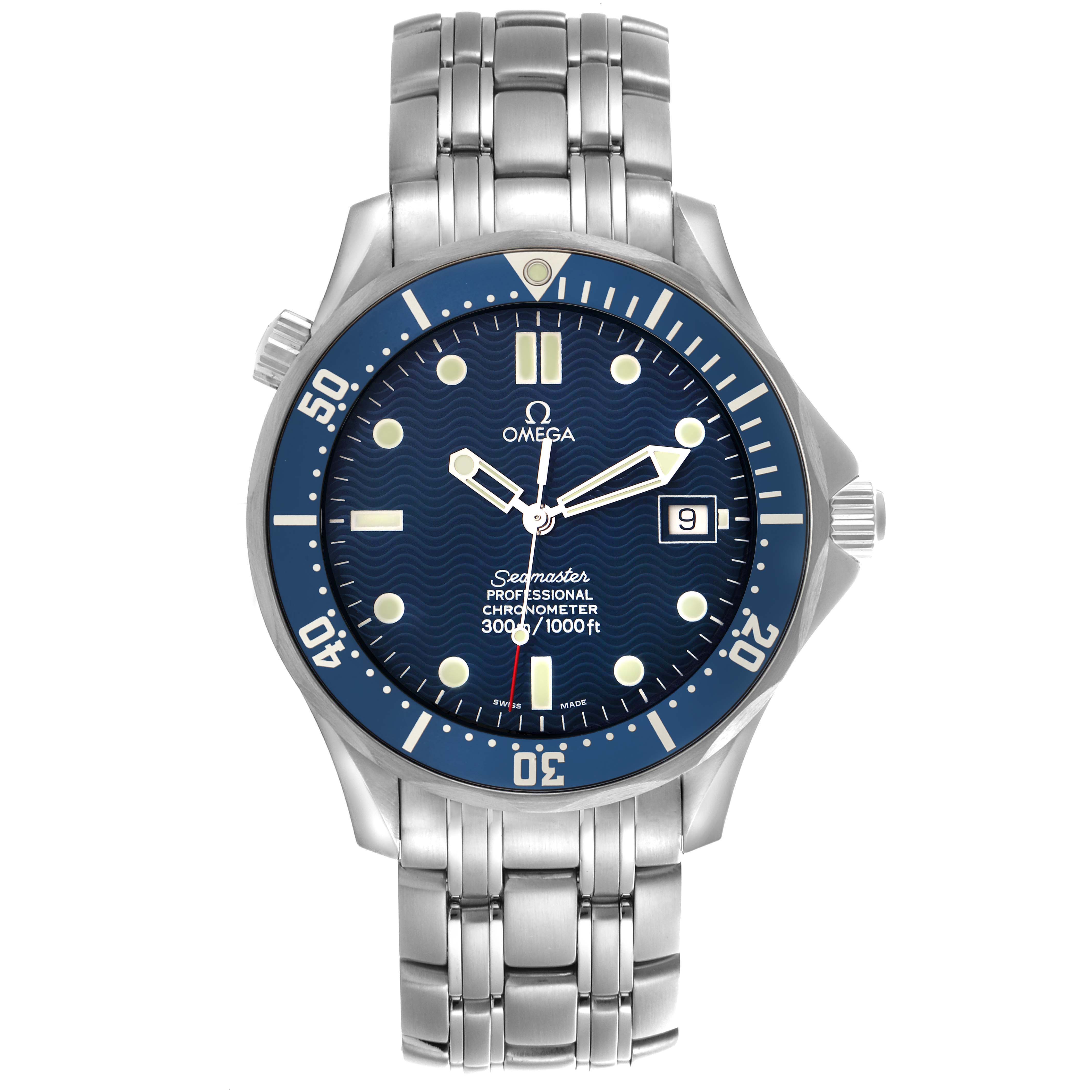 The Omega Seamaster 2531.80.00 Men
s Stainless Steel Blue Dial watch is shown from a front angle, displaying its face, bezel, bracelet, and date function.
