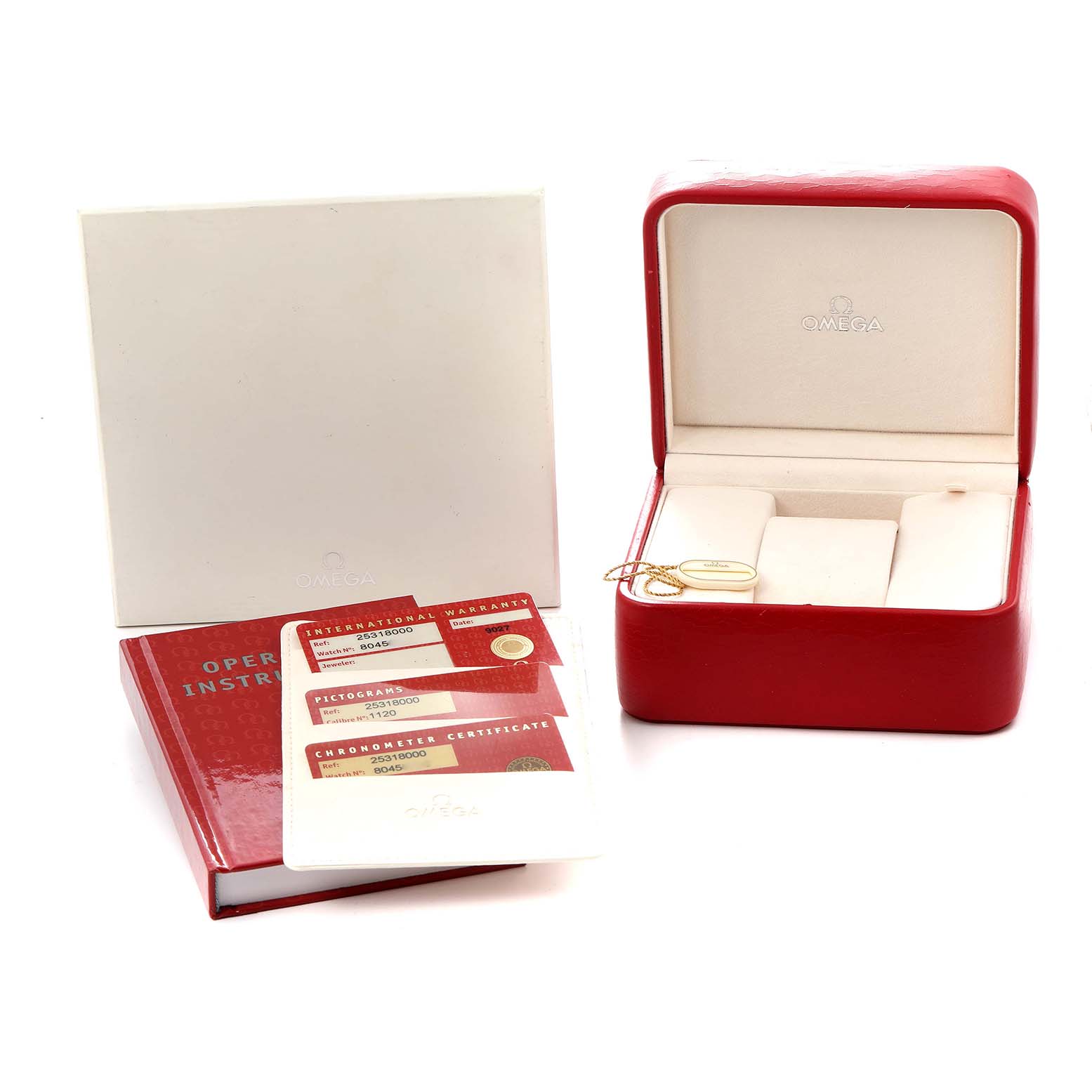 The image shows an Omega Seamaster 2531.80.00 Men
s Stainless Steel Blue Dial box, instruction booklet, and warranty cards at an oblique angle.