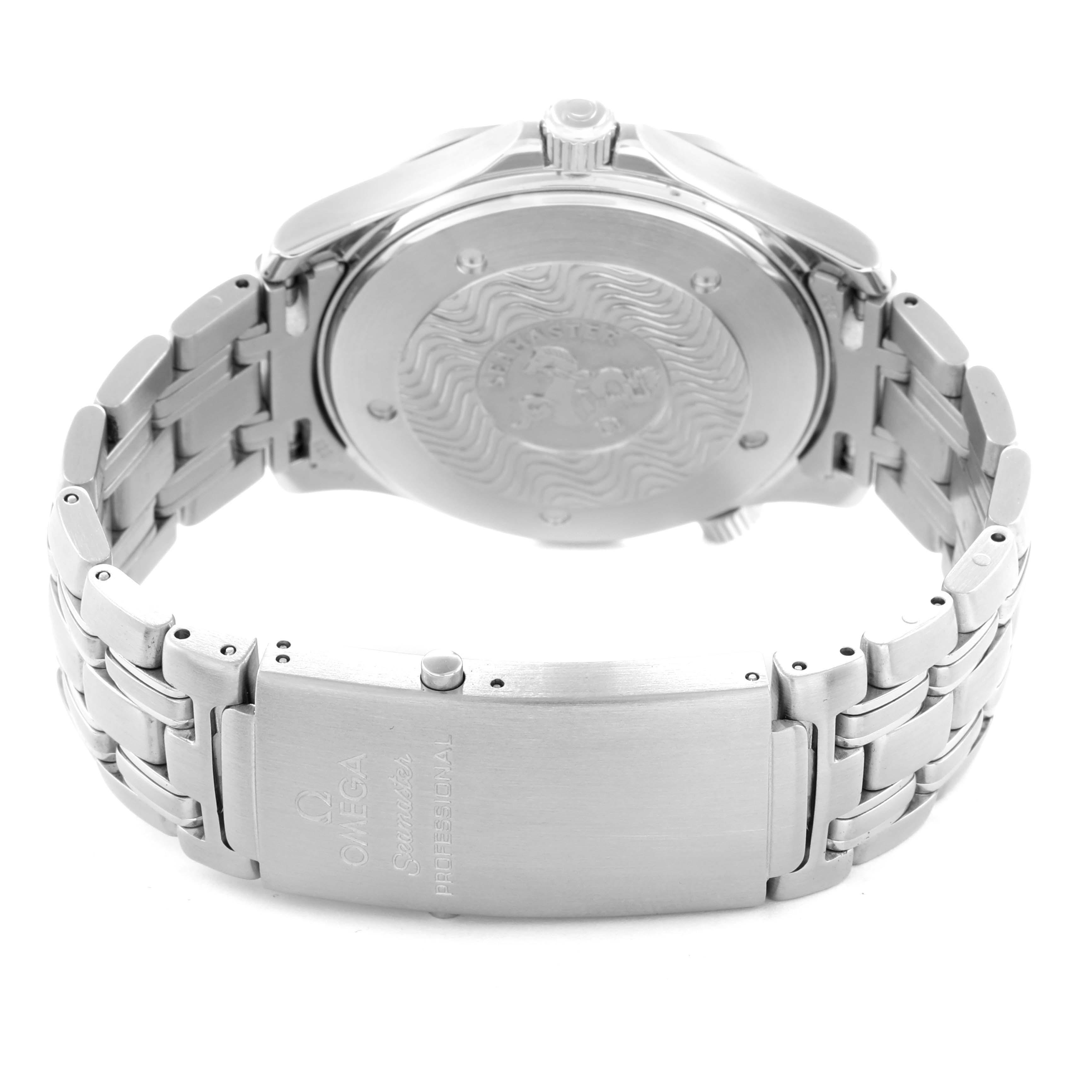 The image shows the back view of an Omega Seamaster 2531.80.00 Men
s Stainless Steel Blue Dial, highlighting the case back and stainless steel bracelet with the clasp open.