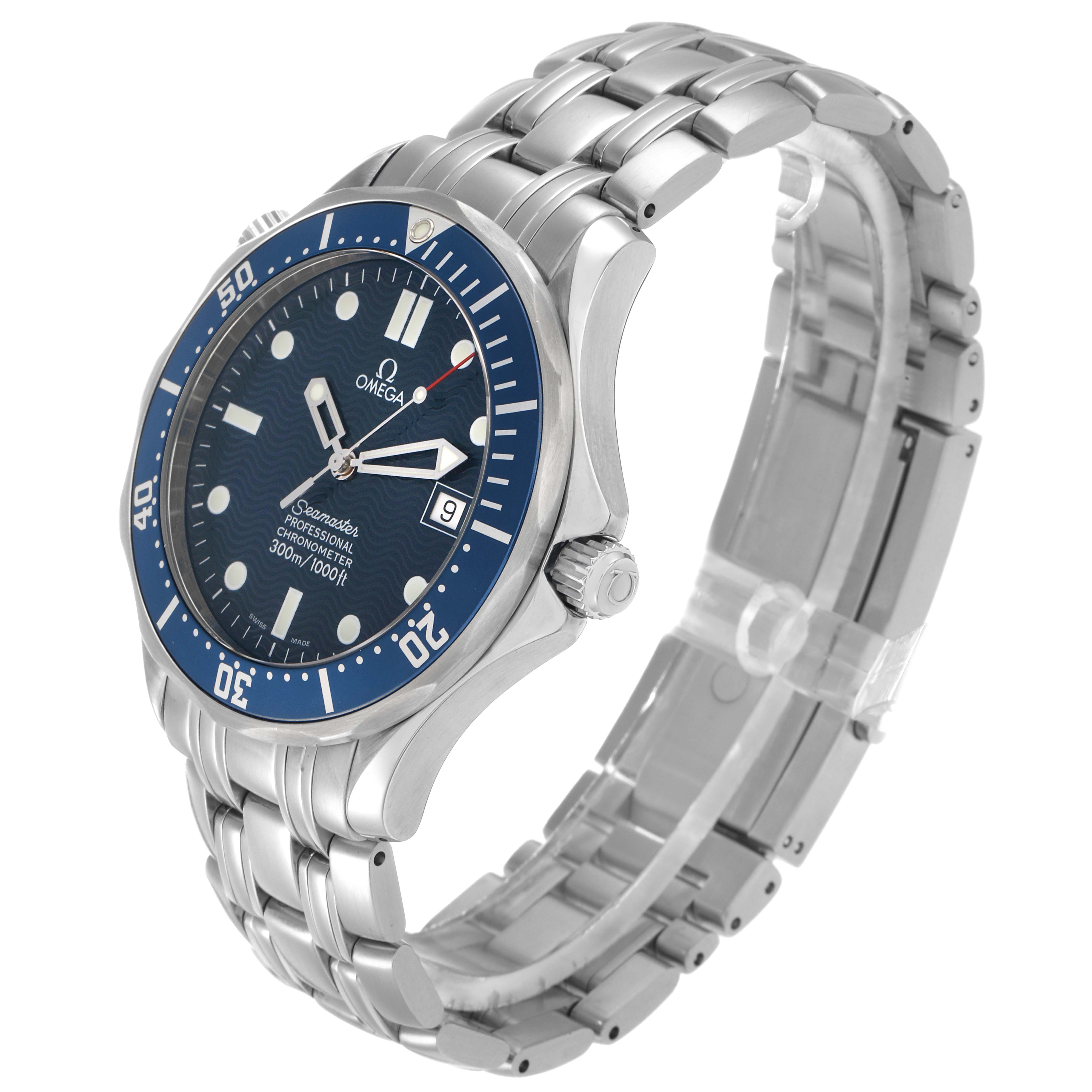 The Omega Seamaster 2531.80.00 Men
s Stainless Steel Blue Dial watch is shown at a slight angle, displaying the blue dial, bezel, stainless steel bracelet, and crown.