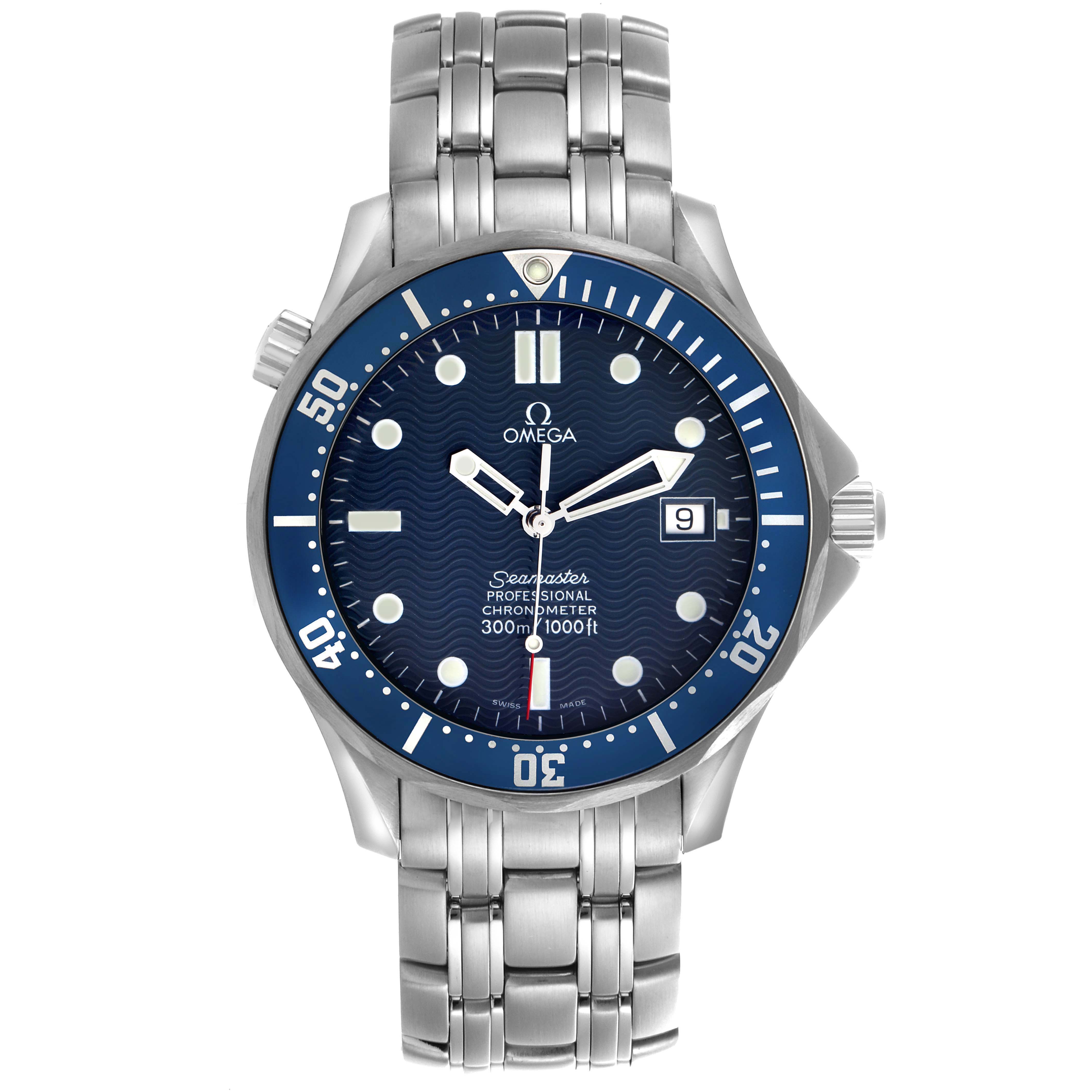The Omega Seamaster 2531.80.00 Men
s Stainless Steel Blue Dial watch is shown from the front, displaying the dial, bezel, crown, and bracelet.