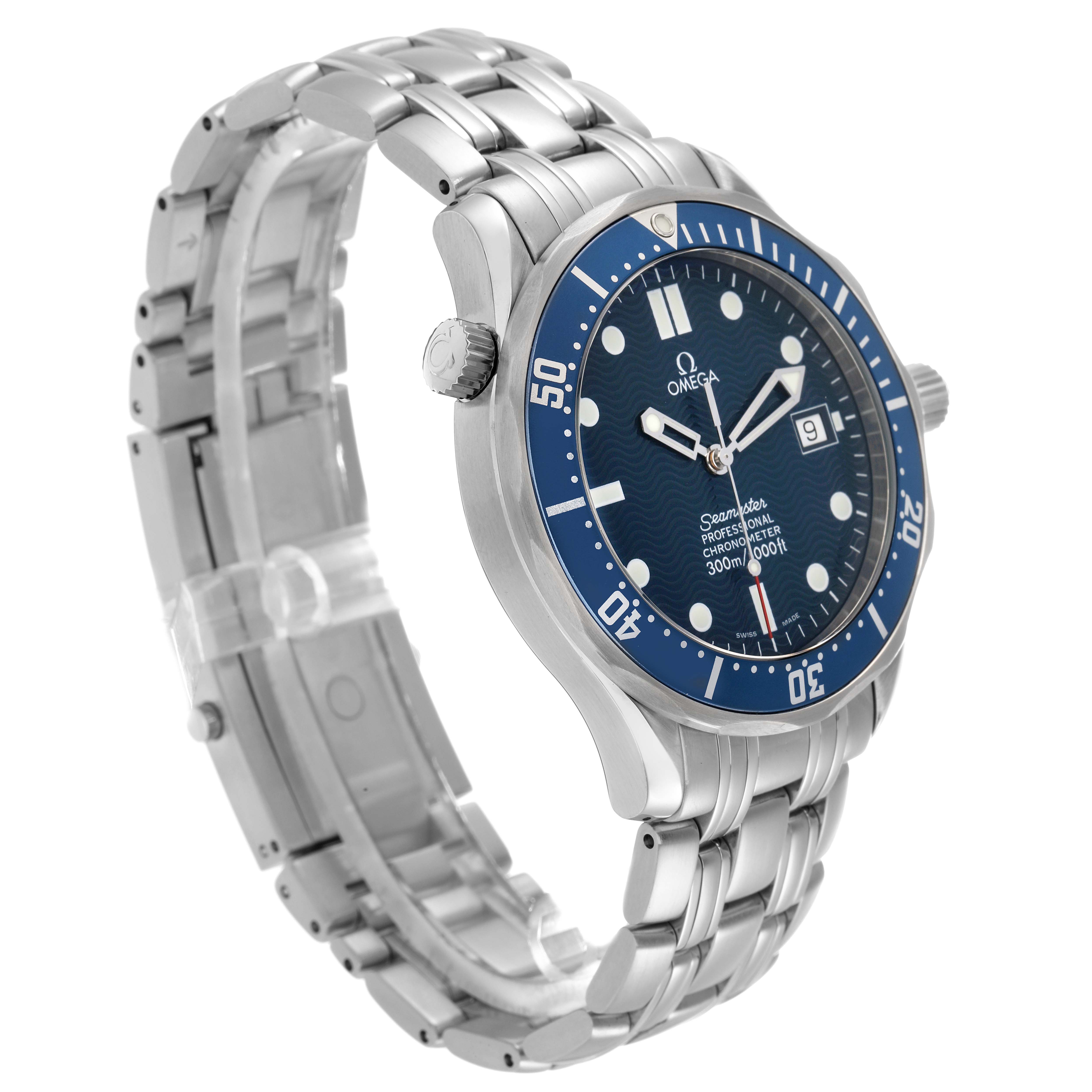 The Omega Seamaster 2531.80.00 Men
s Stainless Steel Blue Dial watch is shown at a three-quarter angle, highlighting the bezel, dial, crown, and bracelet.