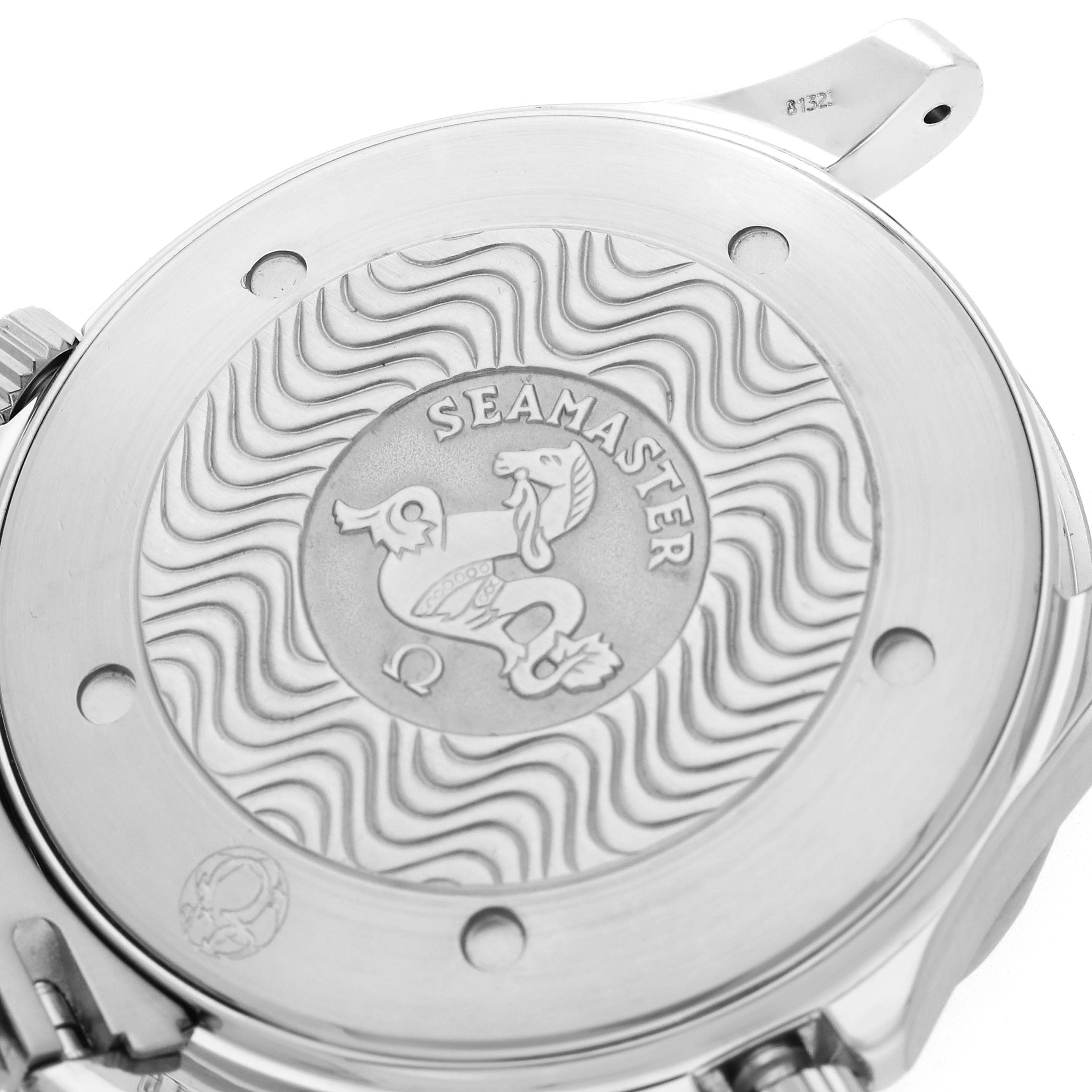 The Omega Seamaster 2531.80.00 Men
s Stainless Steel Blue Dial watch is shown from the back, highlighting the engraved caseback design.