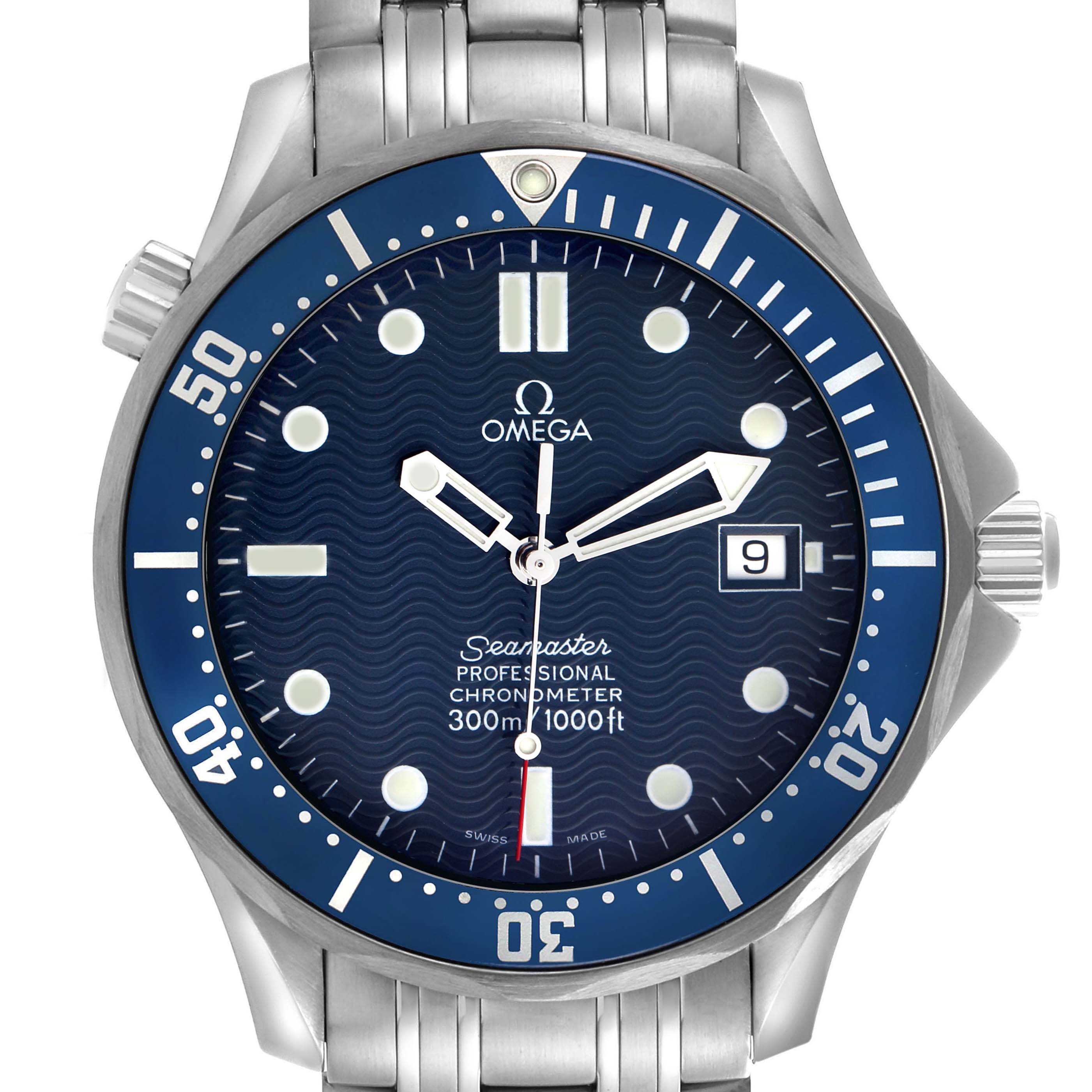 The Omega Seamaster 2531.80.00 Men
s Stainless Steel Blue Dial watch is shown from a frontal angle, highlighting the dial, bezel, bracelet, and crown.