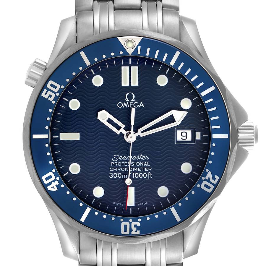 The Omega Seamaster model 2531.80.00 men's watch is shown from a front angle, displaying its blue dial, bezel, date window, and stainless steel bracelet.