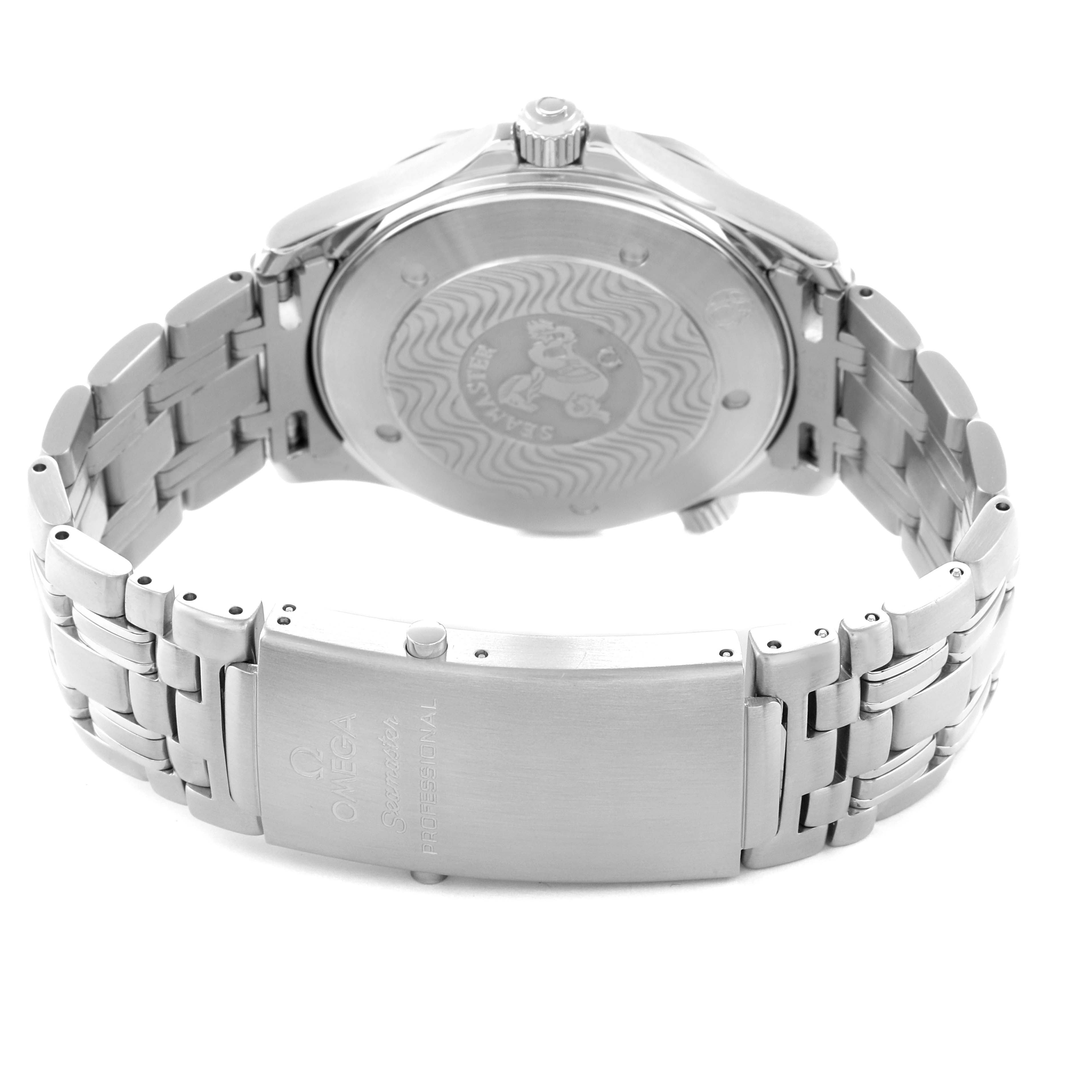 The image shows the Omega Seamaster 2531.80.00 Men
s Stainless Steel Blue Dial
s back, bracelet, and clasp, highlighting the engraved case back design.