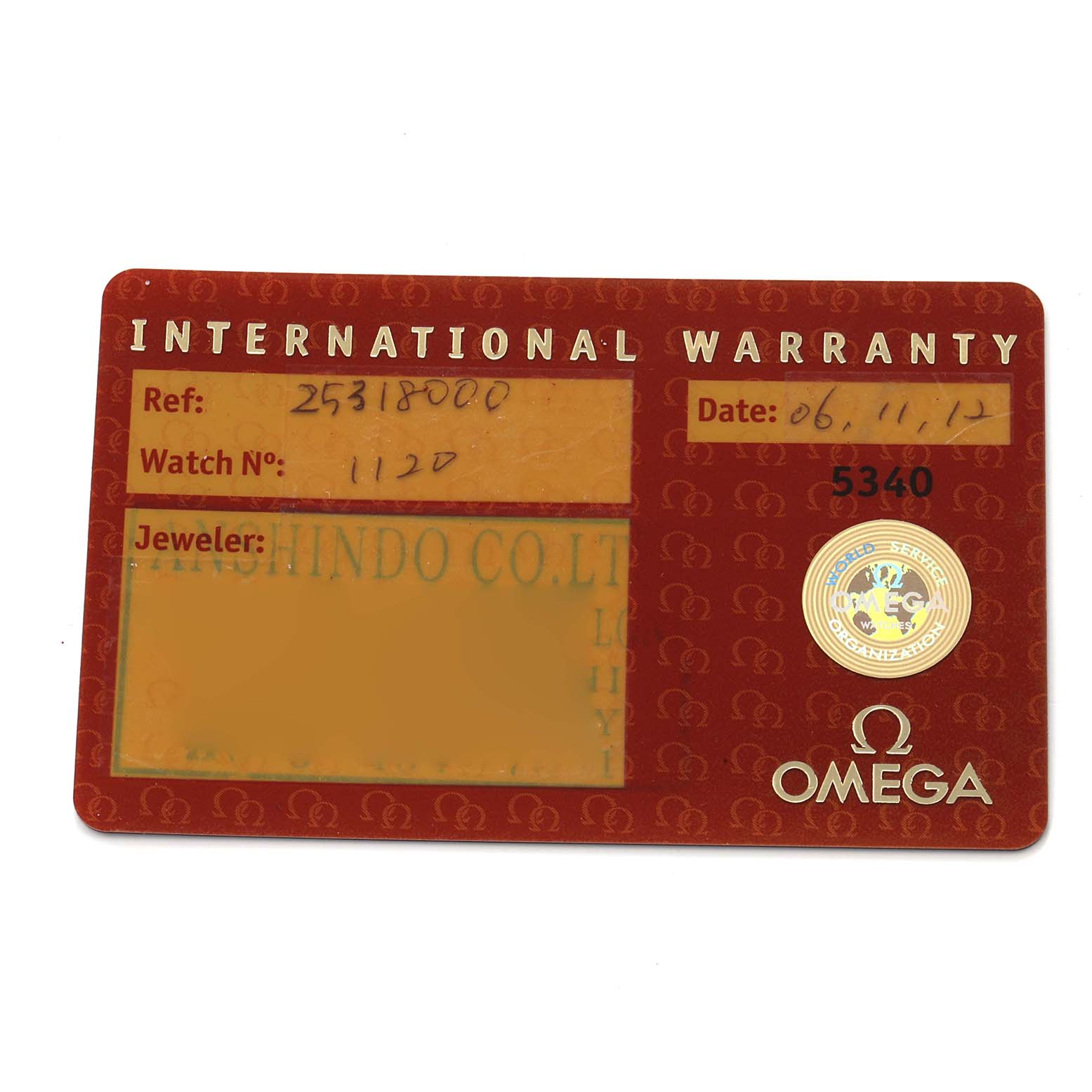 The image shows an Omega International Warranty card for the Seamaster model at a straight-on angle.