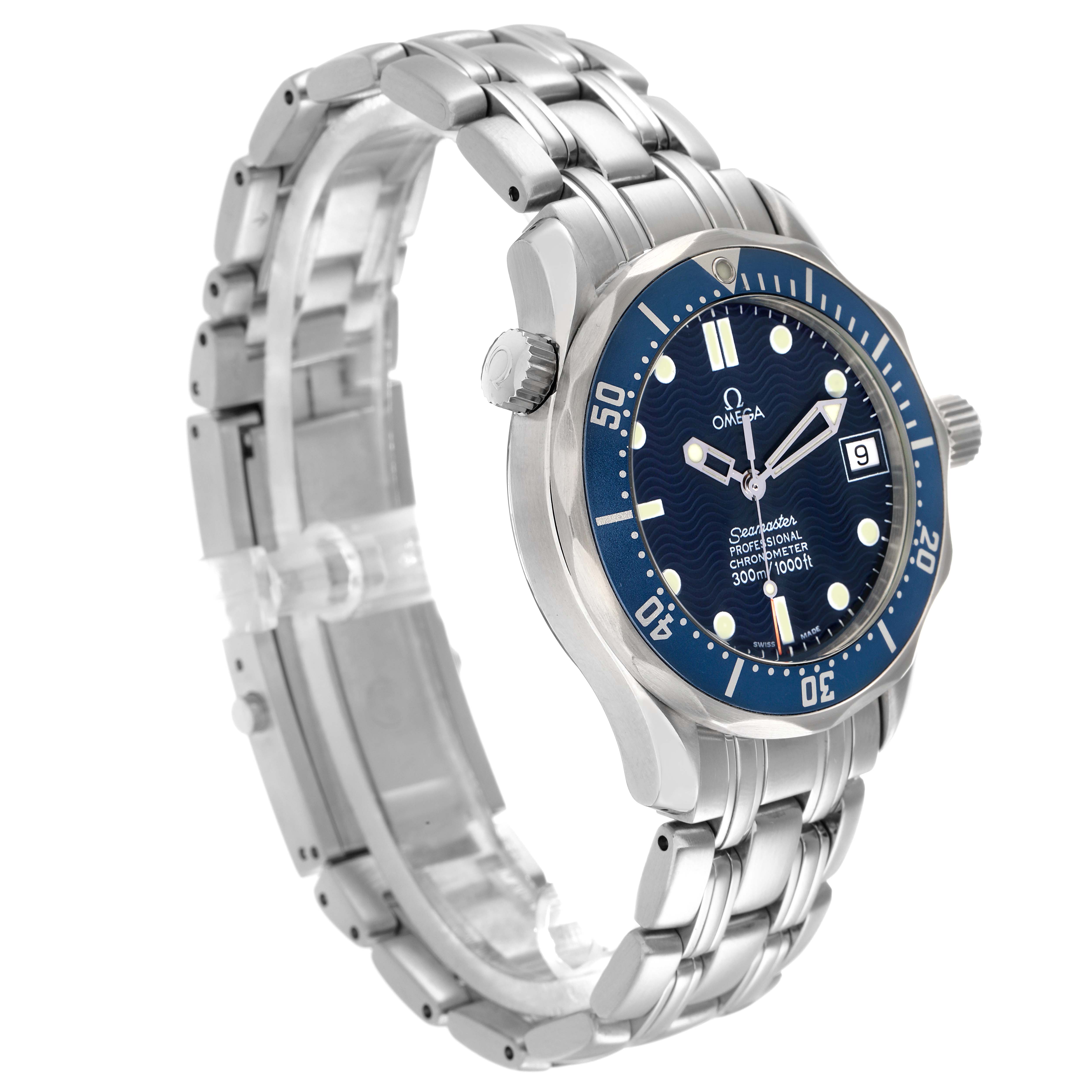 The Omega Seamaster 2551.80.00 Men
s Stainless Steel Blue Dial watch is displayed at an oblique angle, showing the blue dial, bezel, steel bracelet, and crown.