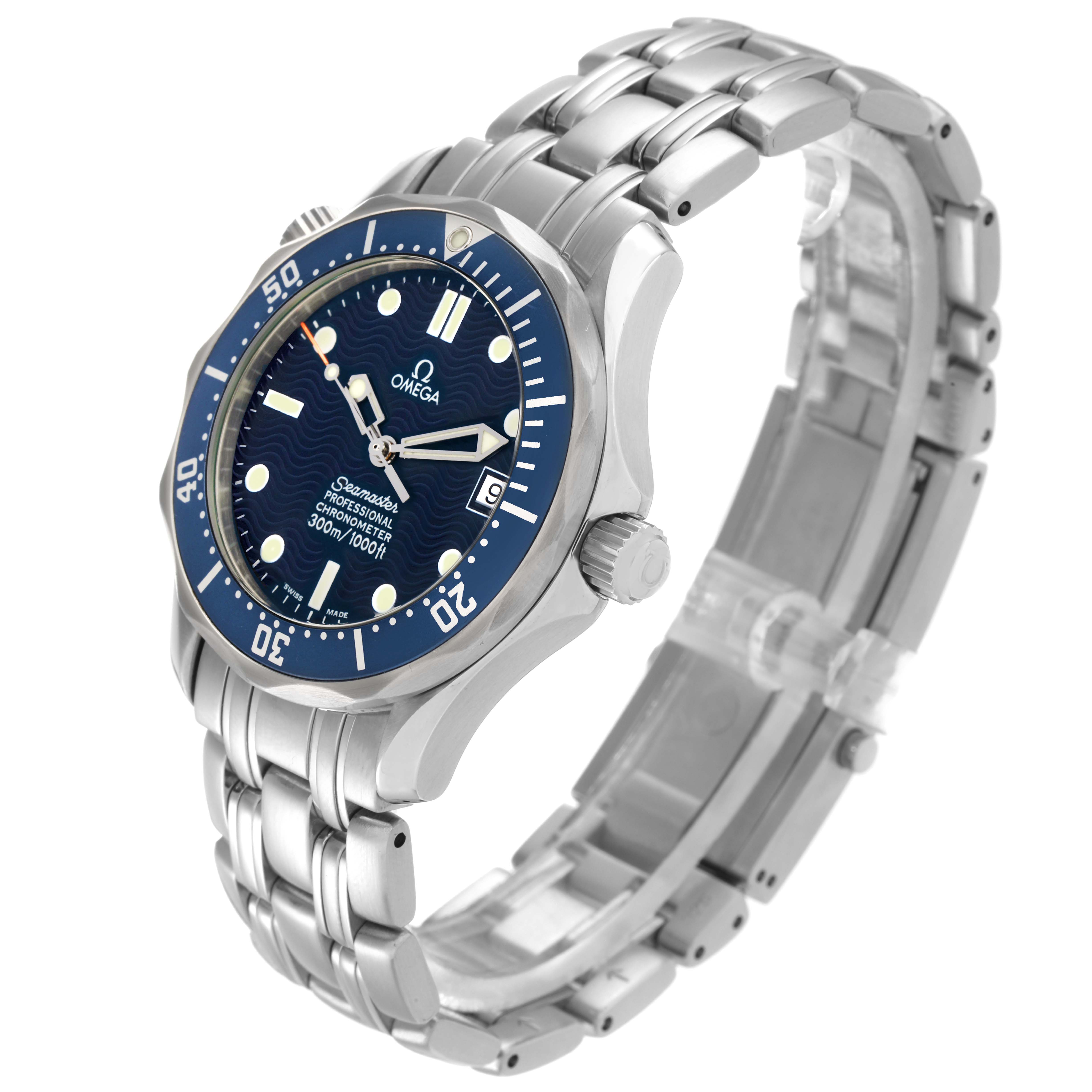 The Omega Seamaster 2551.80.00 Men
s Stainless Steel Blue Dial watch is shown at a three-quarter angle, highlighting the dial, bezel, crown, and bracelet.