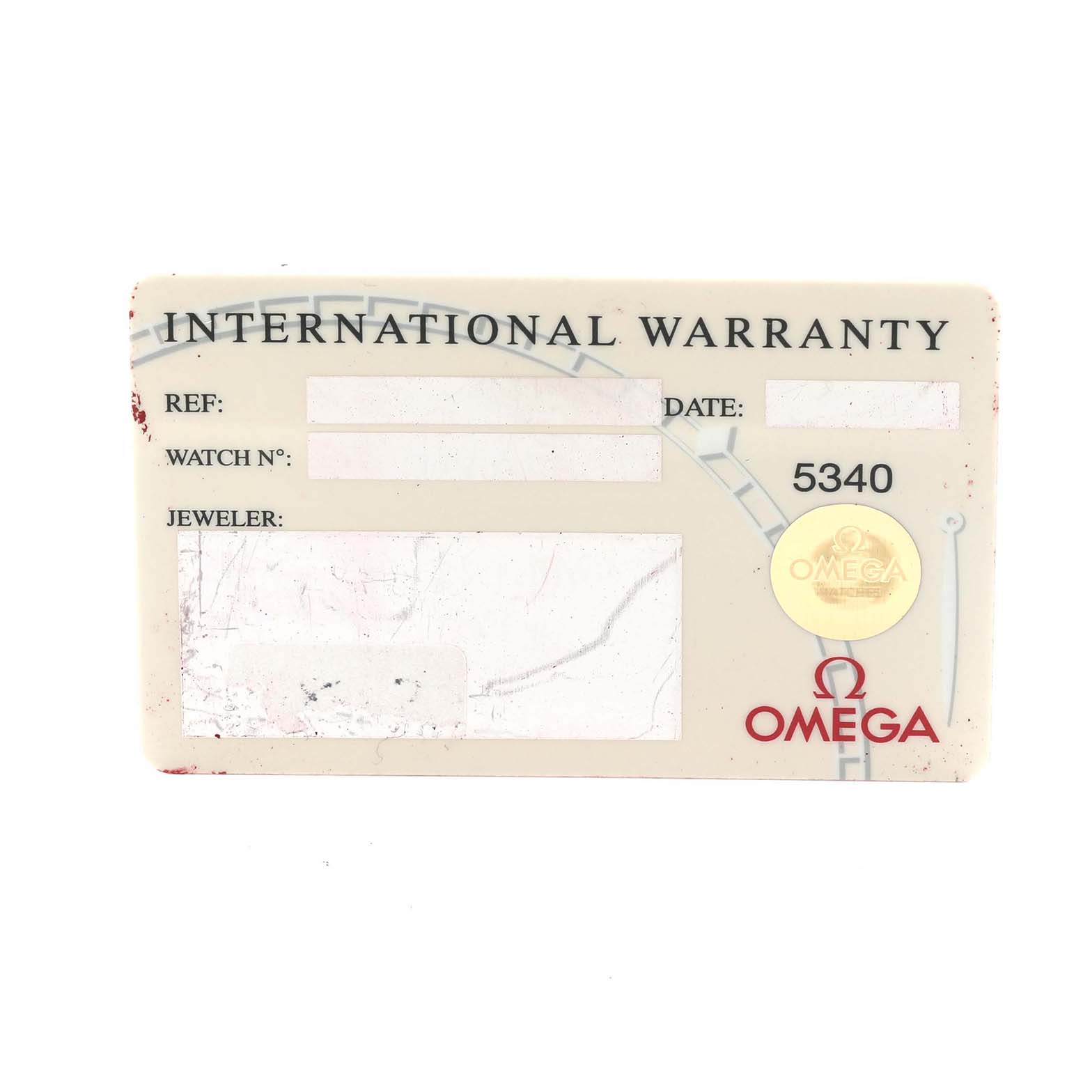 This image shows an International Warranty card for an Omega Seamaster 2551.80.00 Men
s Stainless Steel Blue Dial watch.