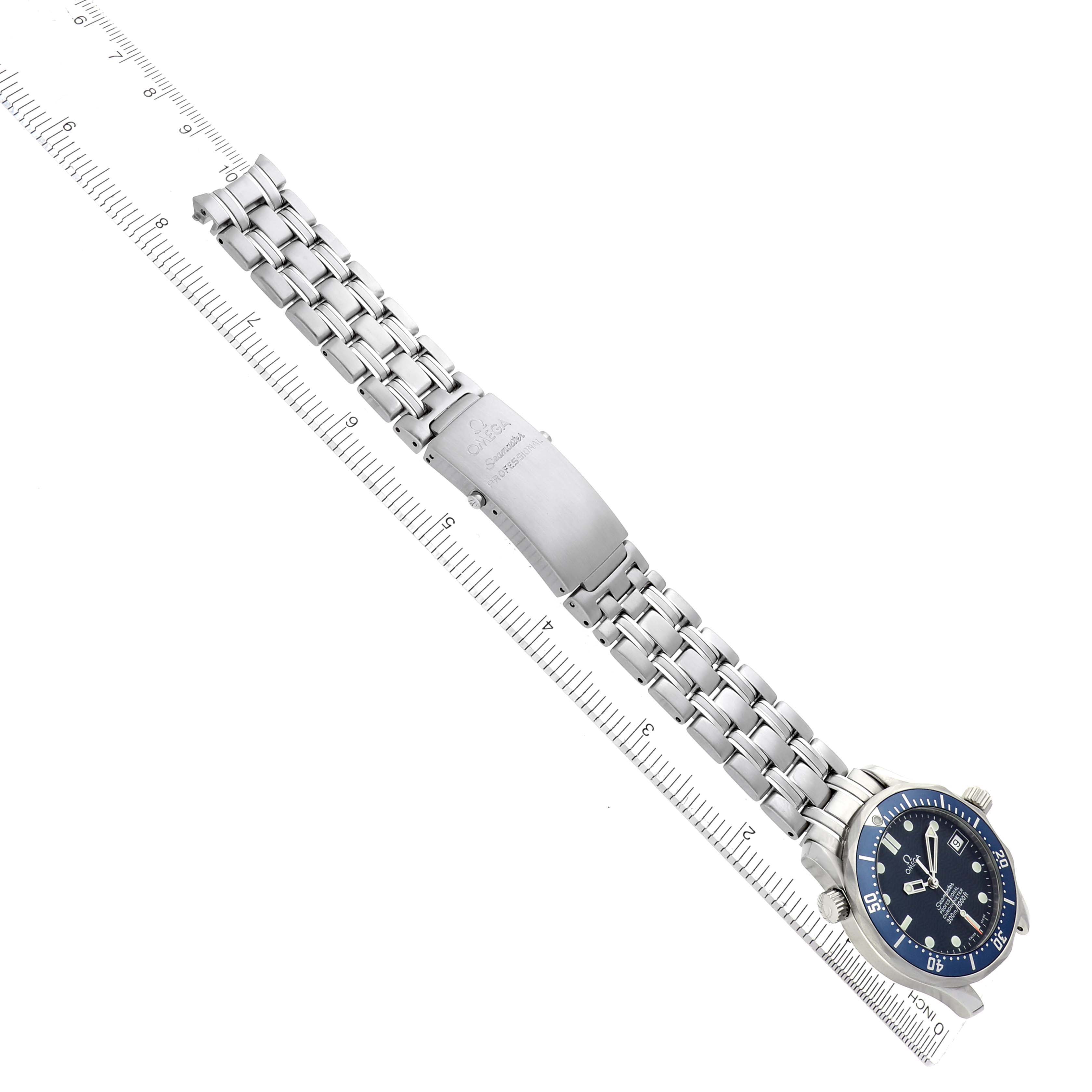 The image shows an Omega Seamaster 2551.80.00 Men
s Stainless Steel Blue Dial watch from a top-down angle, featuring the bracelet, clasp, and watch face.