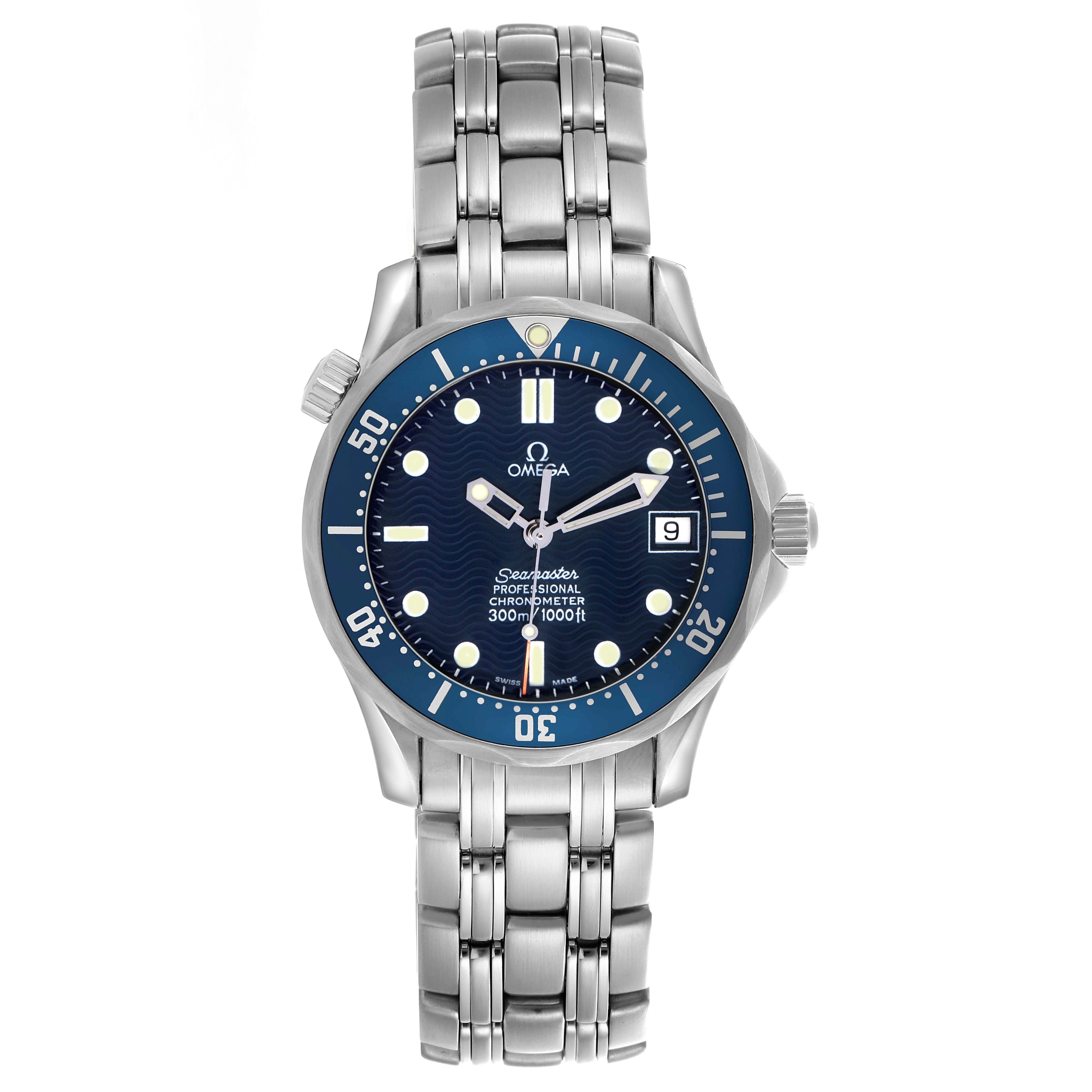 The Omega Seamaster 2551.80.00 Men
s Stainless Steel Blue Dial watch is shown from a front angle, displaying the face, bezel, bracelet, and crown.