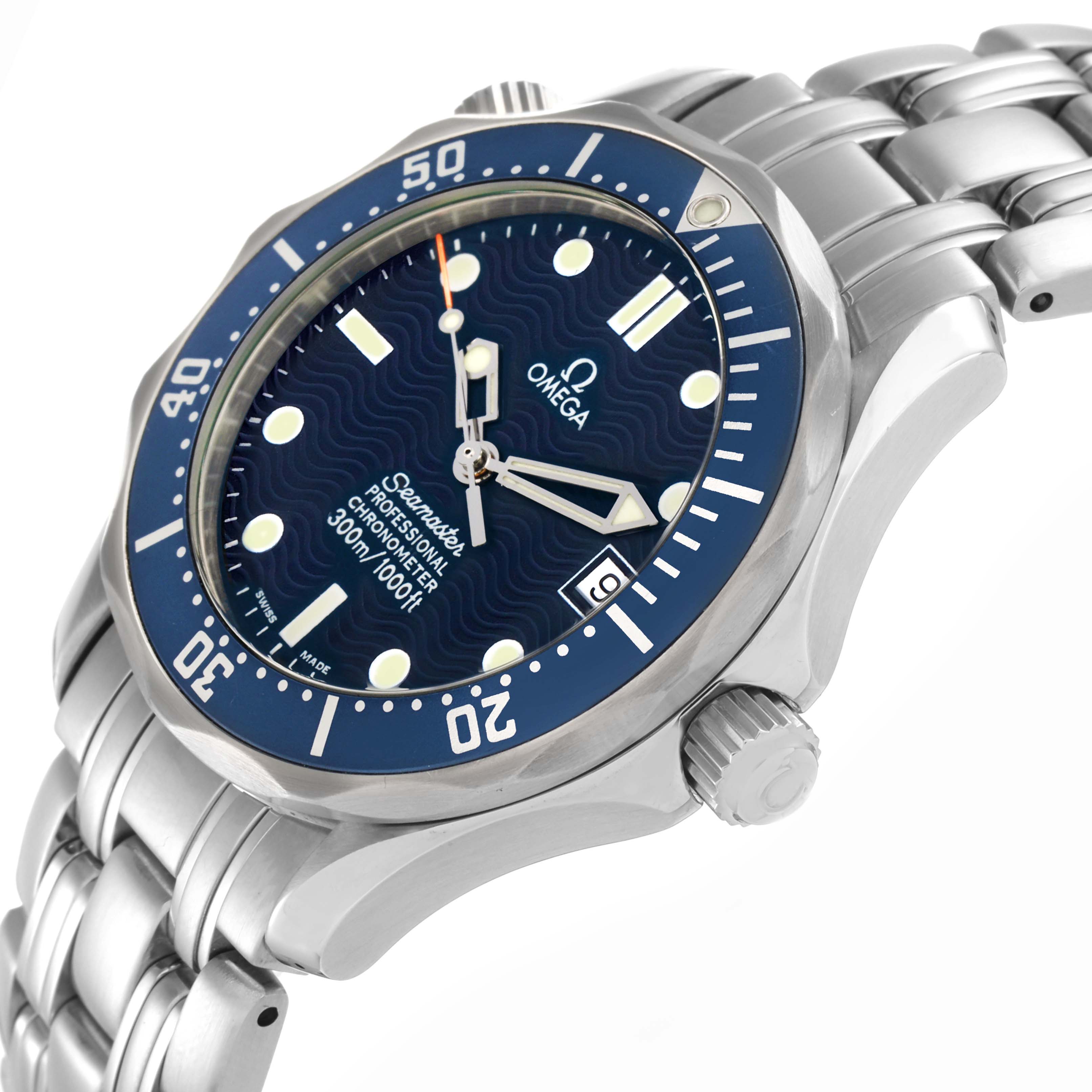 This Omega Seamaster 2551.80.00 Men
s Stainless Steel Blue Dial watch is shown at a slight side angle, highlighting the face, bezel, crown, and part of the bracelet.