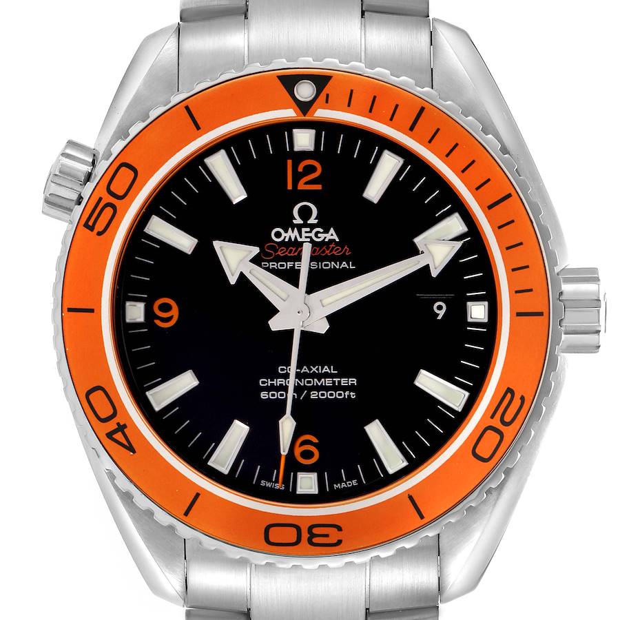 The Omega Planet Ocean 232.30.46.21.01.002 watch is shown from a top-down angle, highlighting its orange bezel, black dial, and stainless steel case.