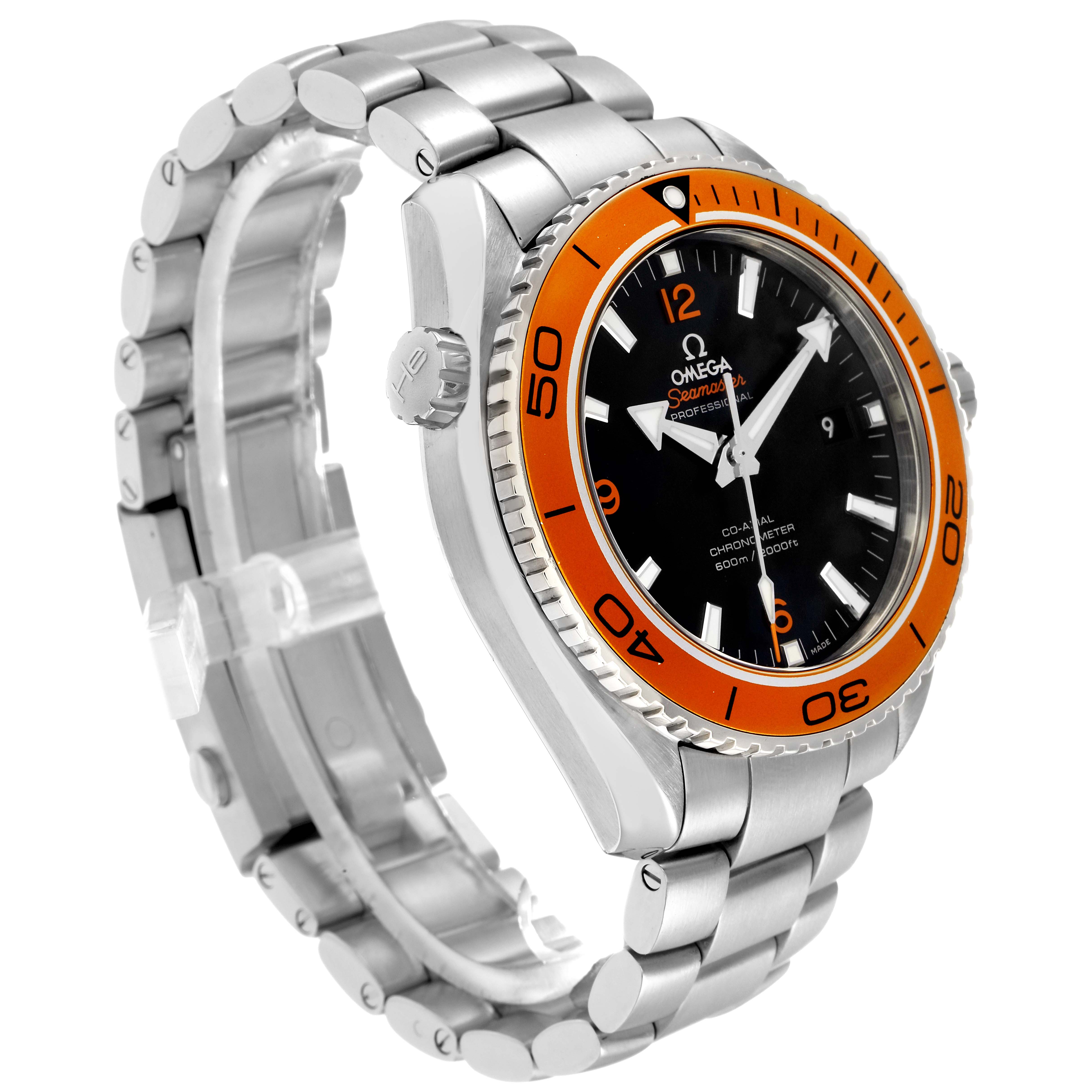 The Omega Planet Ocean 232.30.46.21.01.002 Men
s Stainless Steel Black Dial watch is shown at an angle revealing the dial, bezel, crown, and bracelet.