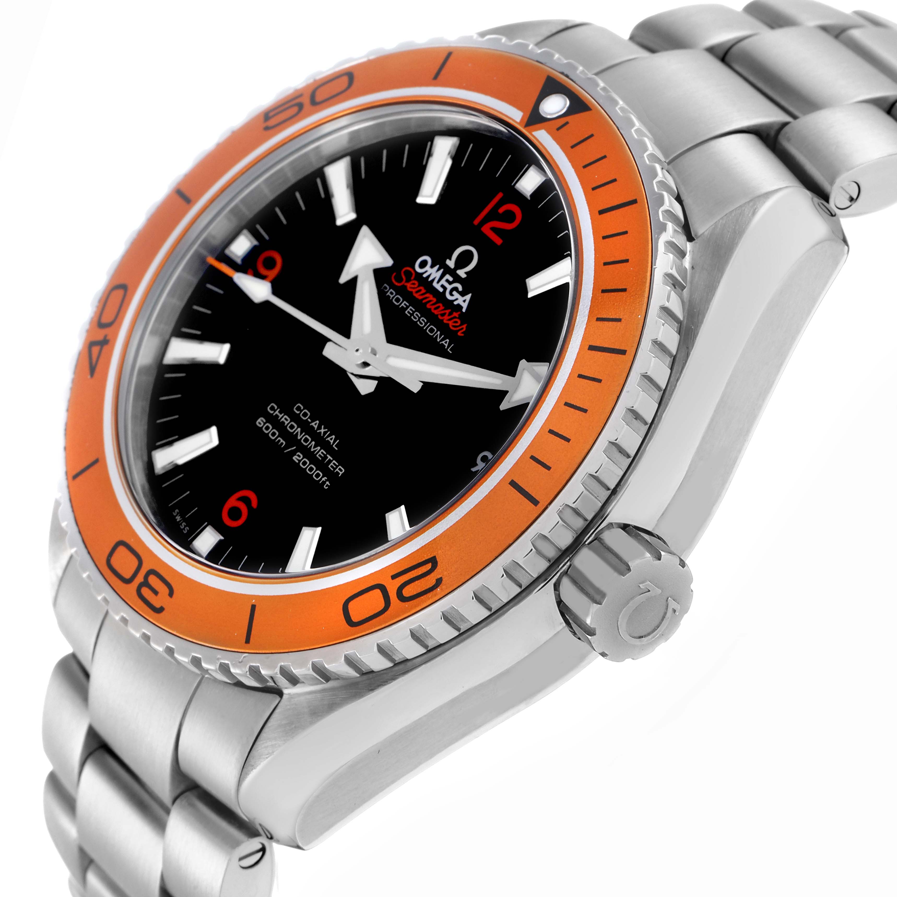 The Omega Planet Ocean 232.30.46.21.01.002 Men
s Stainless Steel Black Dial watch is shown at a slight angle, highlighting the orange bezel, crown, and part of the bracelet.