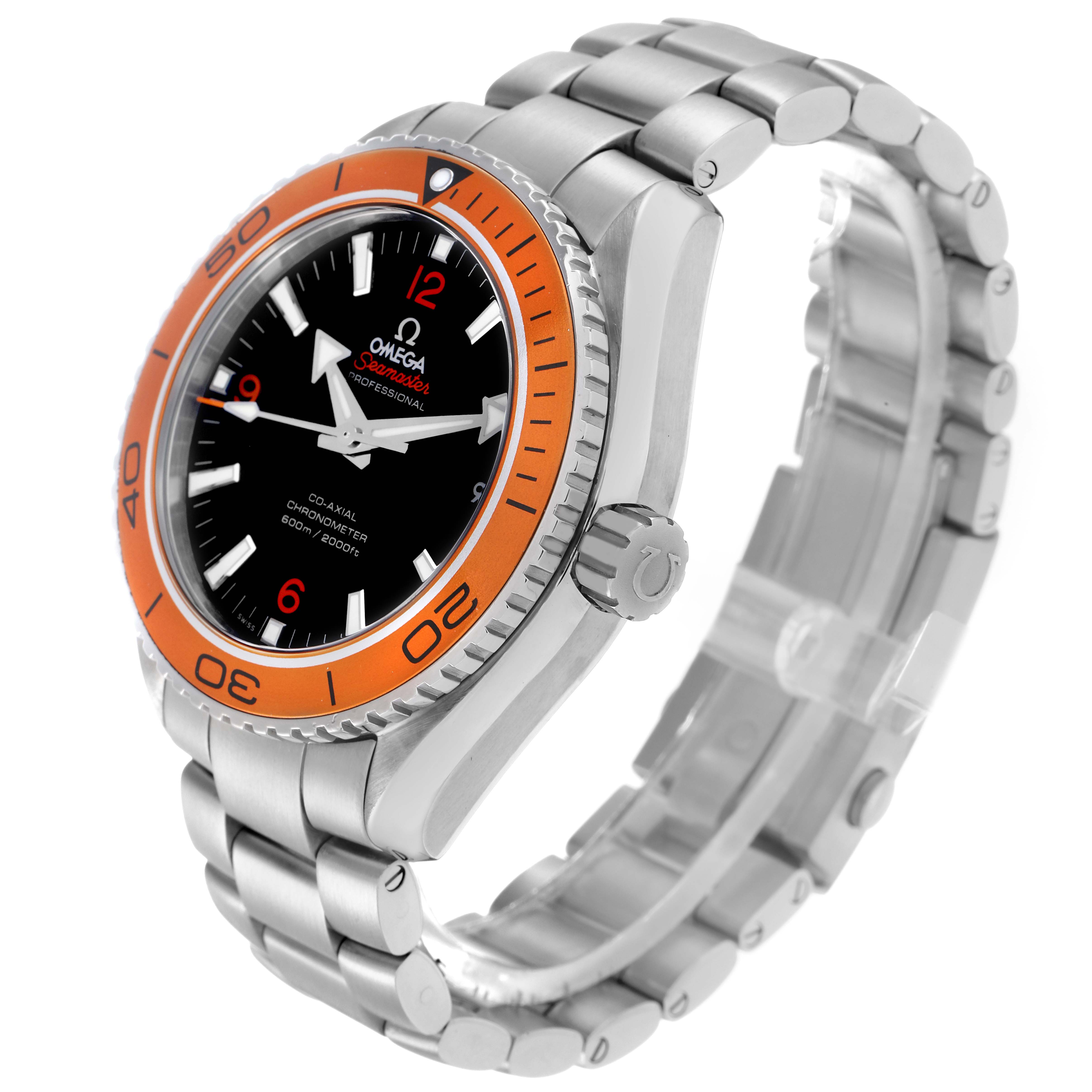 The Omega Planet Ocean 232.30.46.21.01.002 Men
s Stainless Steel Black Dial watch is shown at a three-quarter angle, highlighting the face, orange bezel, and metal bracelet.