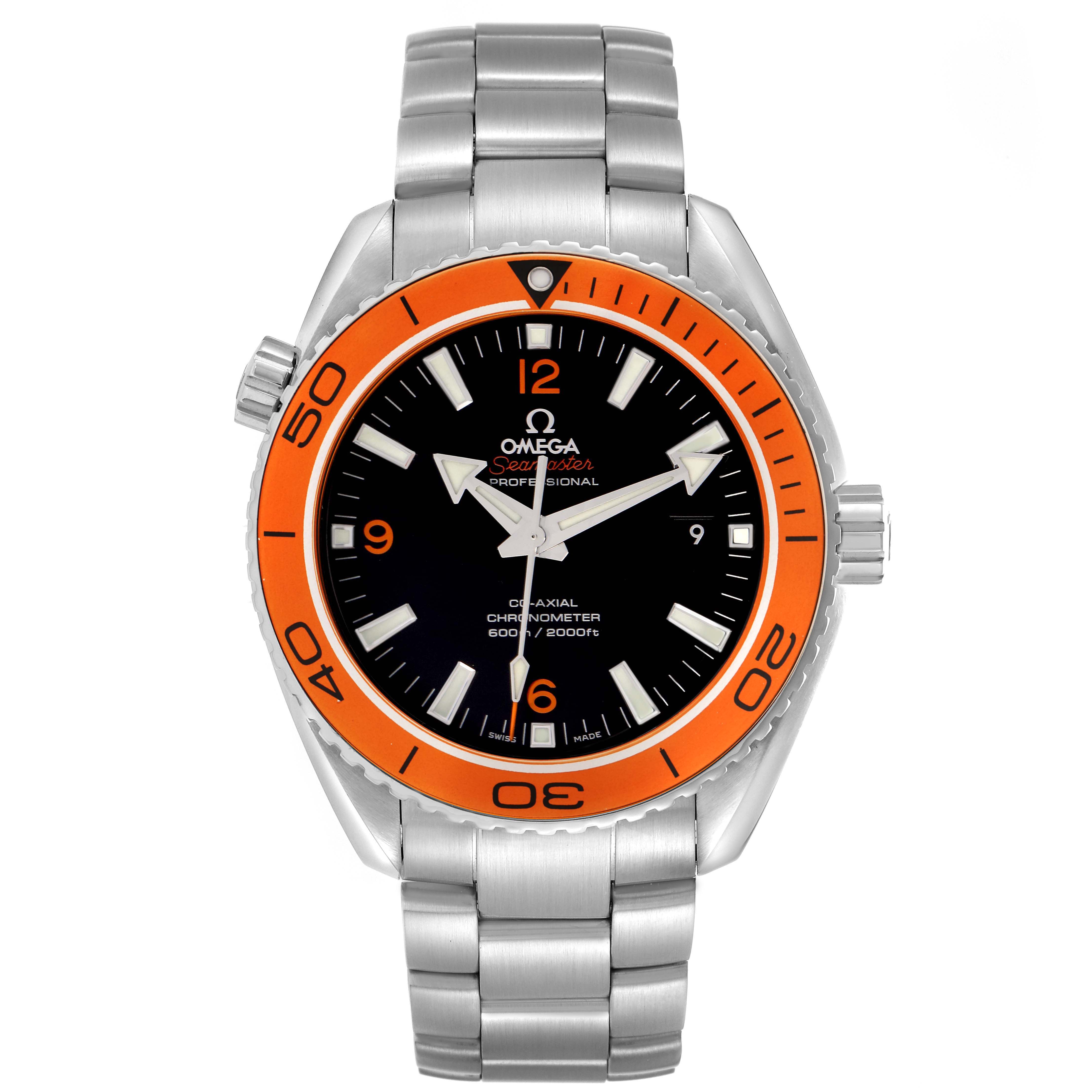 The Omega Planet Ocean 232.30.46.21.01.002 Men
s Stainless Steel Black Dial watch is shown from the front, displaying the face, bezel, and bracelet.